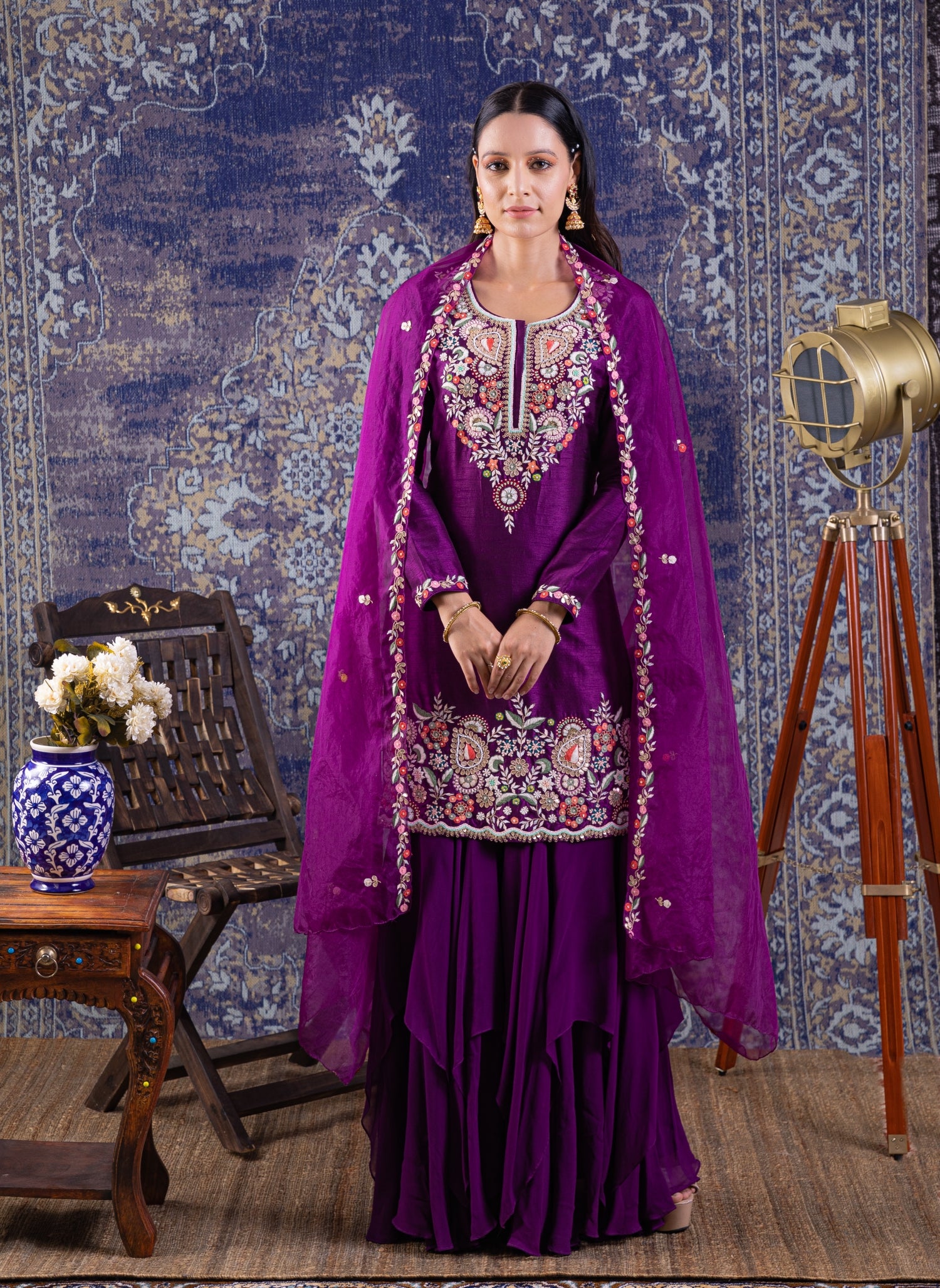 Purple Short Kurta With  Layered Sharara And Embroidered Dupatta.