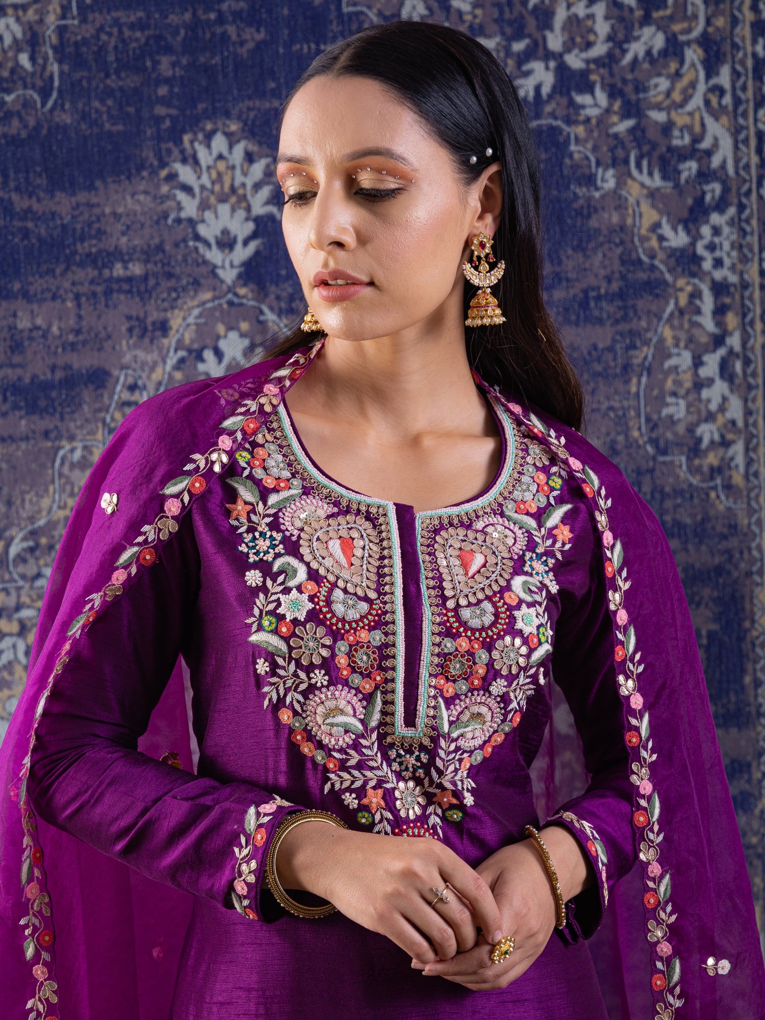 Purple Short Kurta With  Layered Sharara And Embroidered Dupatta.