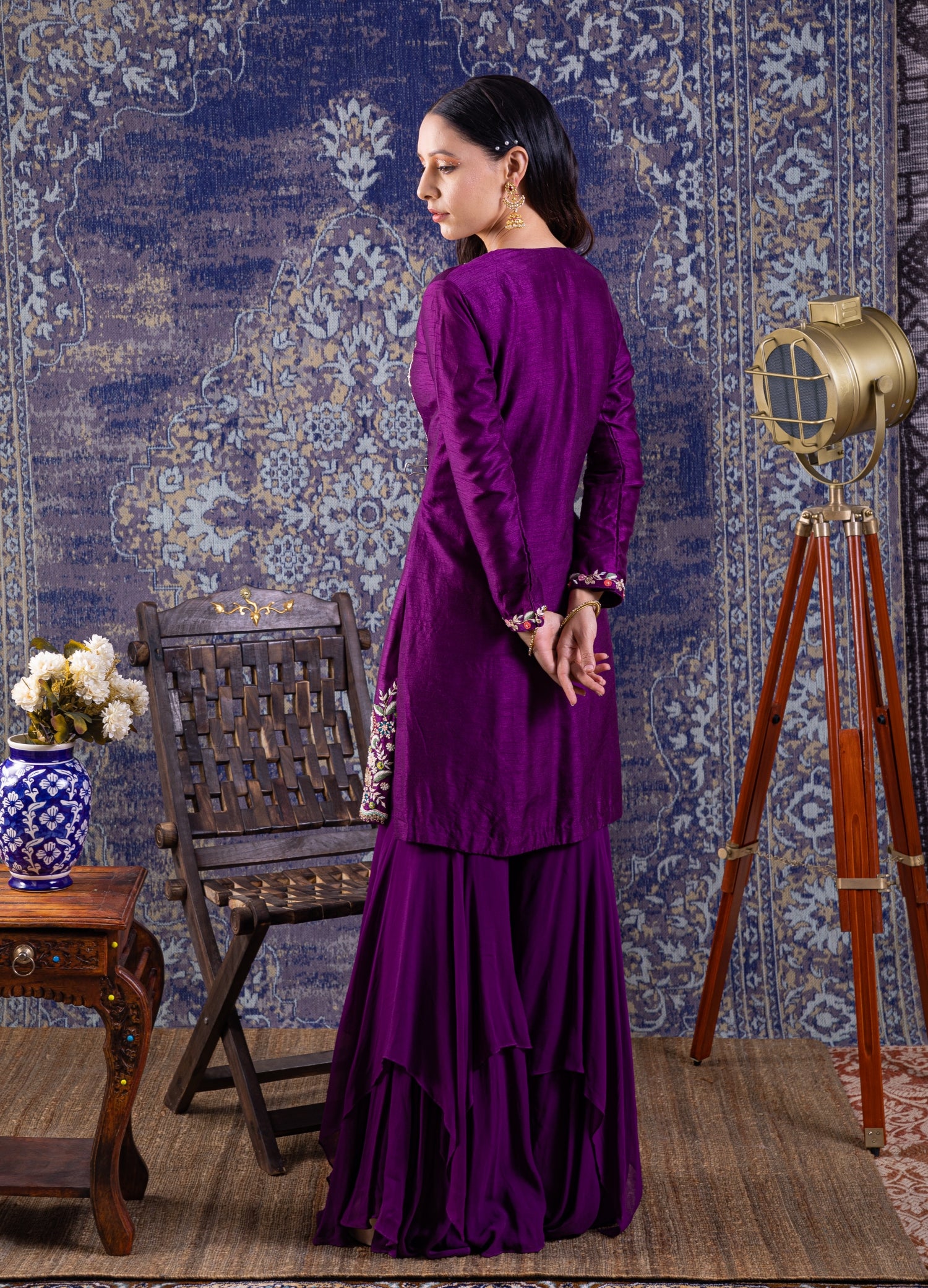 Purple Short Kurta With  Layered Sharara And Embroidered Dupatta.