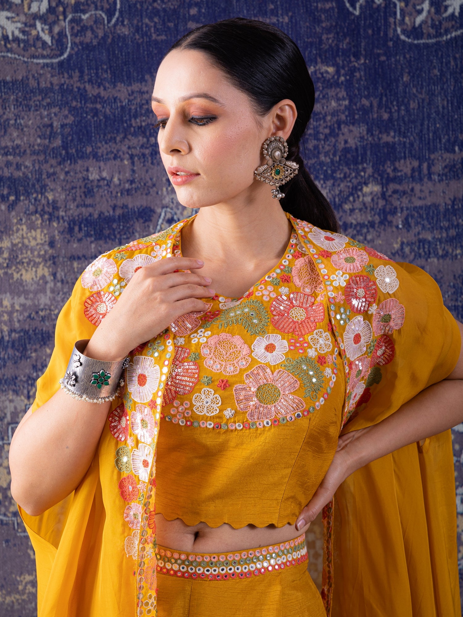 Yellow Crop-Top, Palazzo With A Embroidered Cape