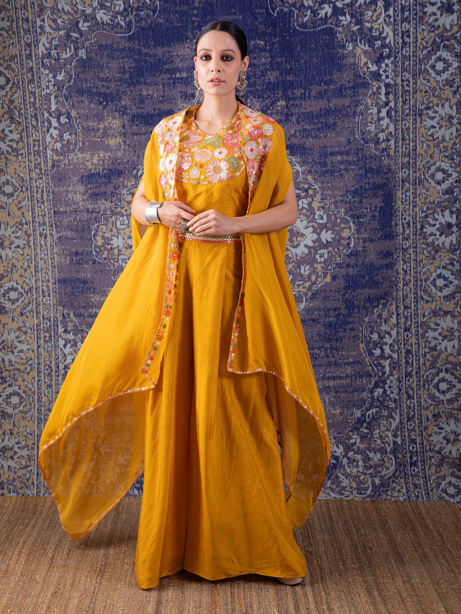 Yellow Crop-Top, Palazzo With A Embroidered Cape