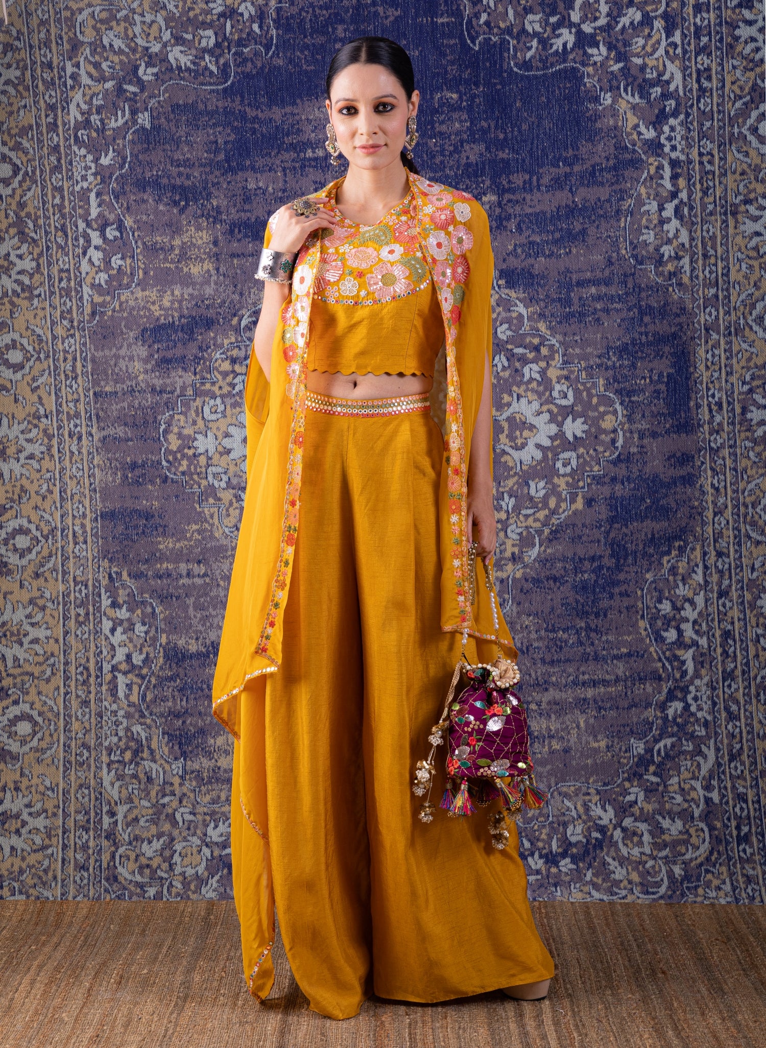 Yellow Crop-Top, Palazzo With A Embroidered Cape