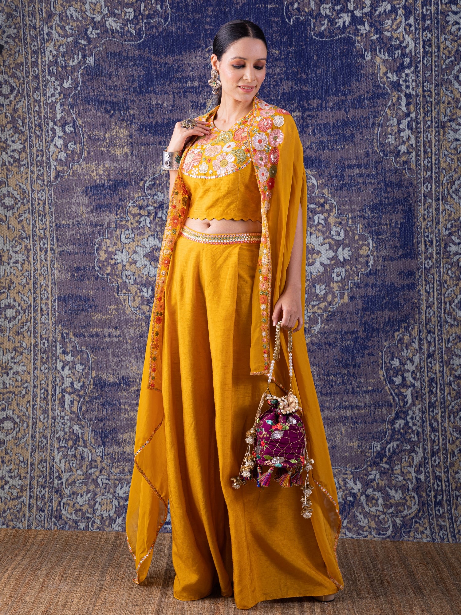 Yellow Crop-Top, Palazzo With A Embroidered Cape