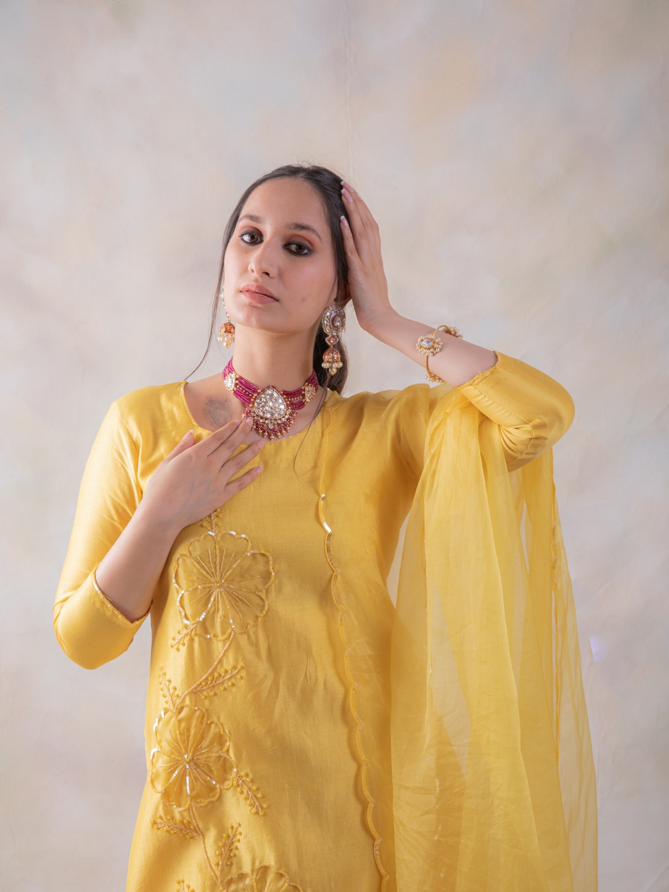 Rich Chanderi Hand Embroidered Kurta With Pants And Organza Dupatta (RTS)