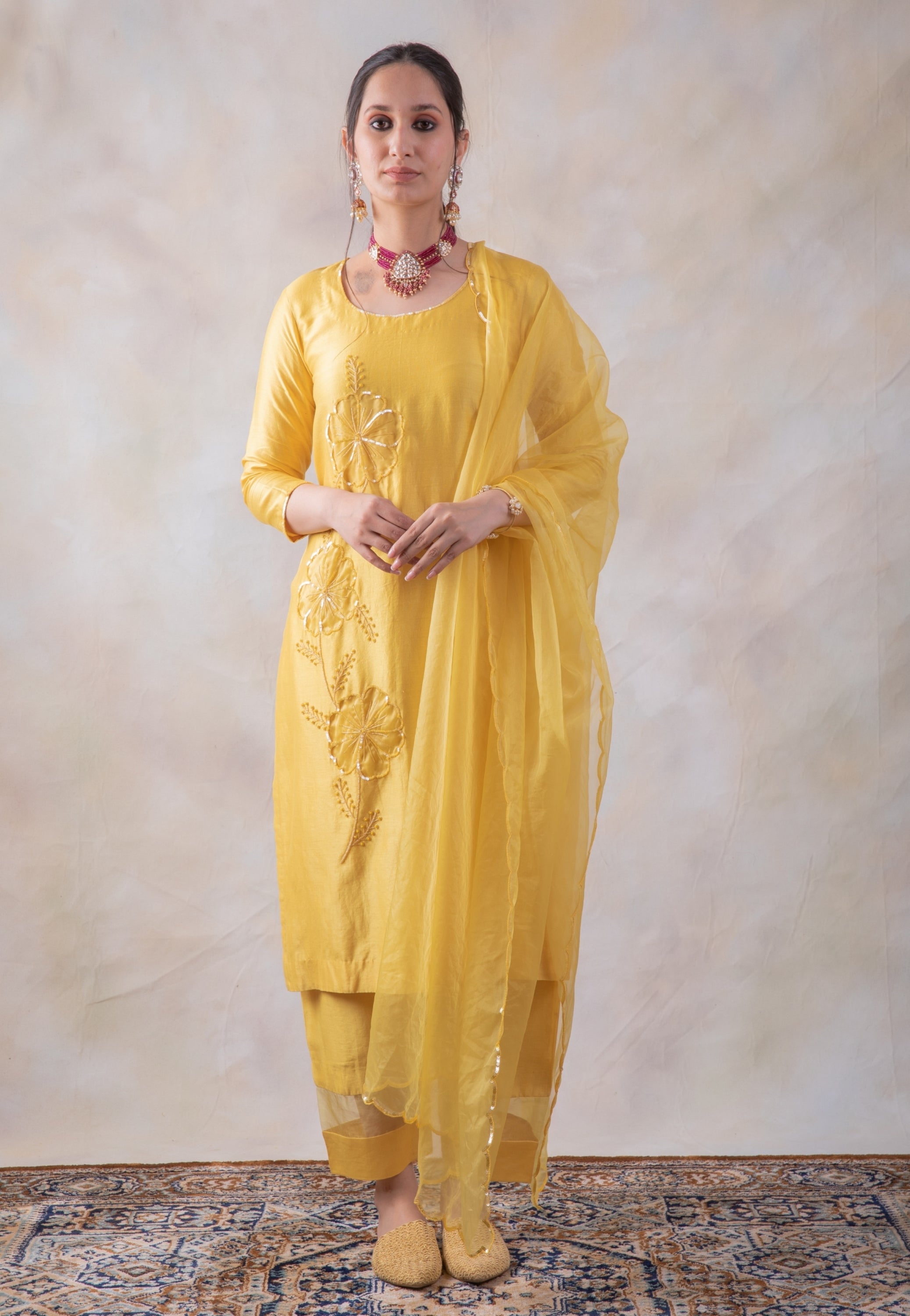 Rich Chanderi Hand Embroidered Kurta With Pants And Organza Dupatta