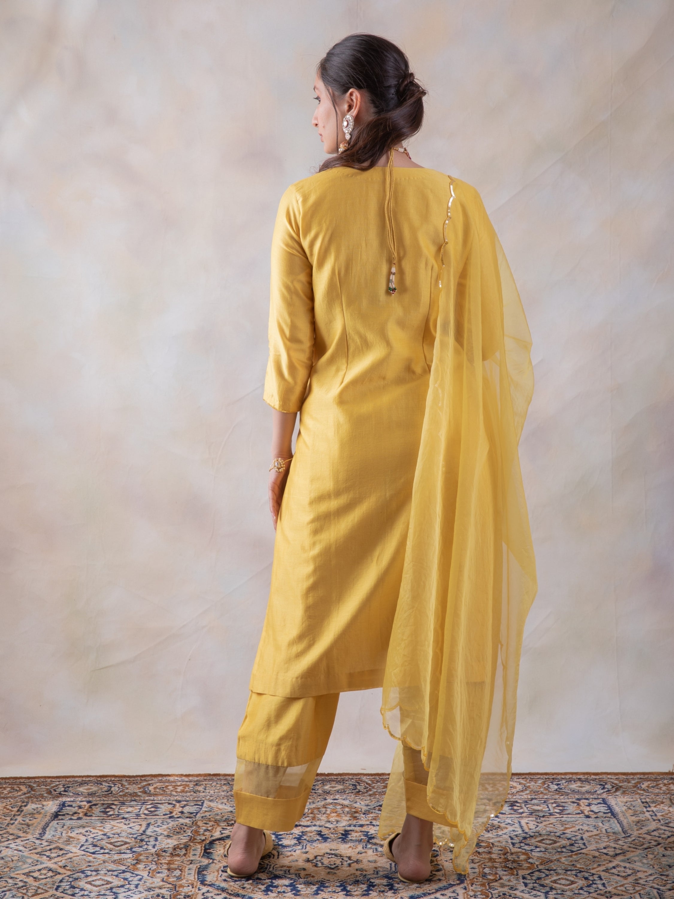 Rich Chanderi Hand Embroidered Kurta With Pants And Organza Dupatta (RTS)