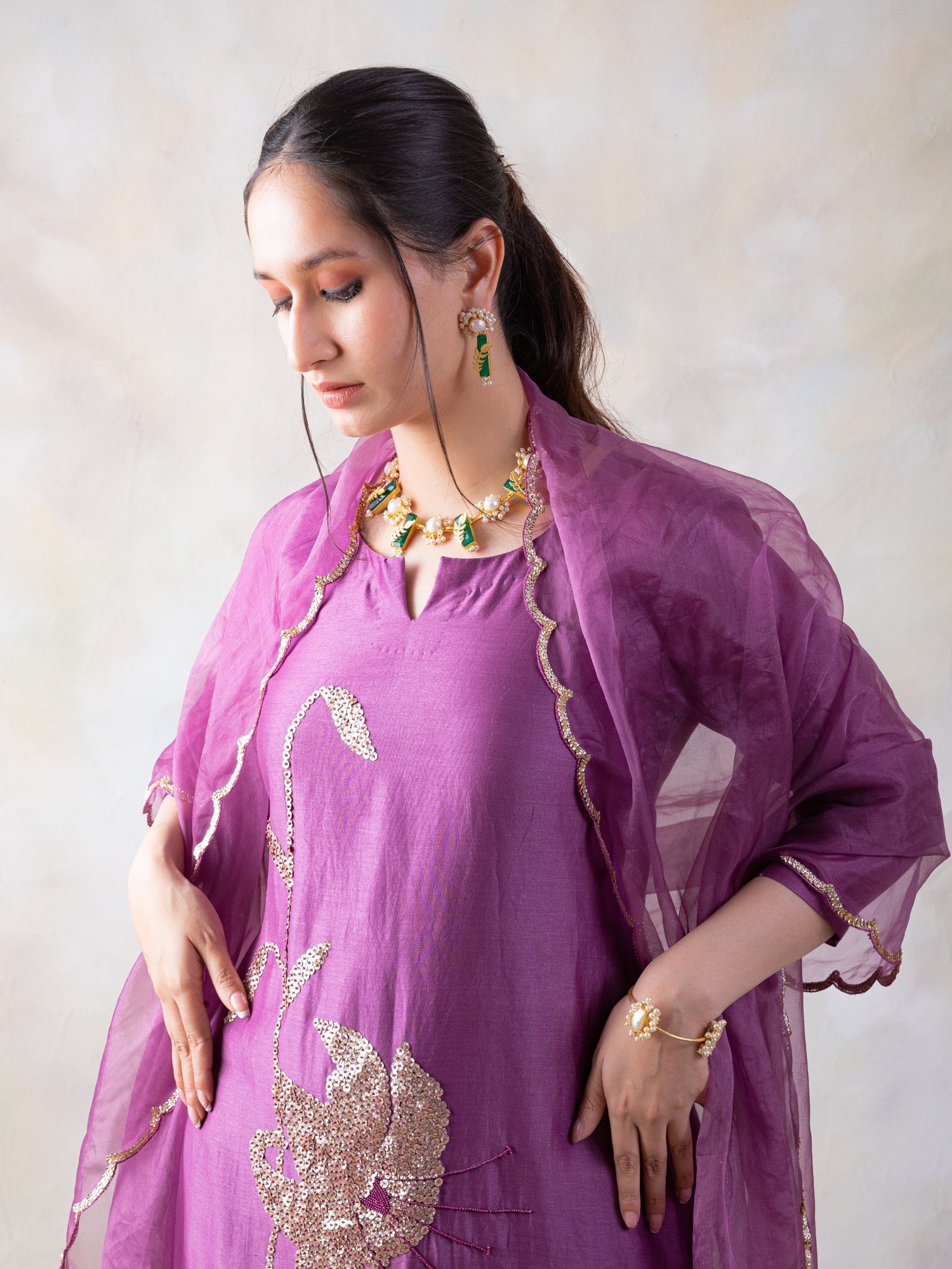 Cotton Chanderi Hand Embroidered Kurta With Pants And Organza Dupatta (RTS)