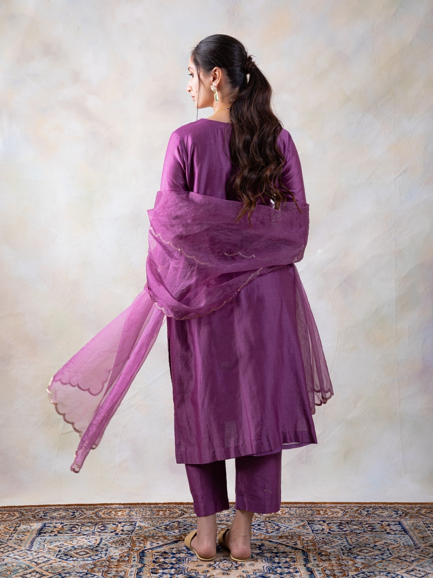 Cotton Chanderi Hand Embroidered Kurta With Pants And Organza Dupatta (RTS)