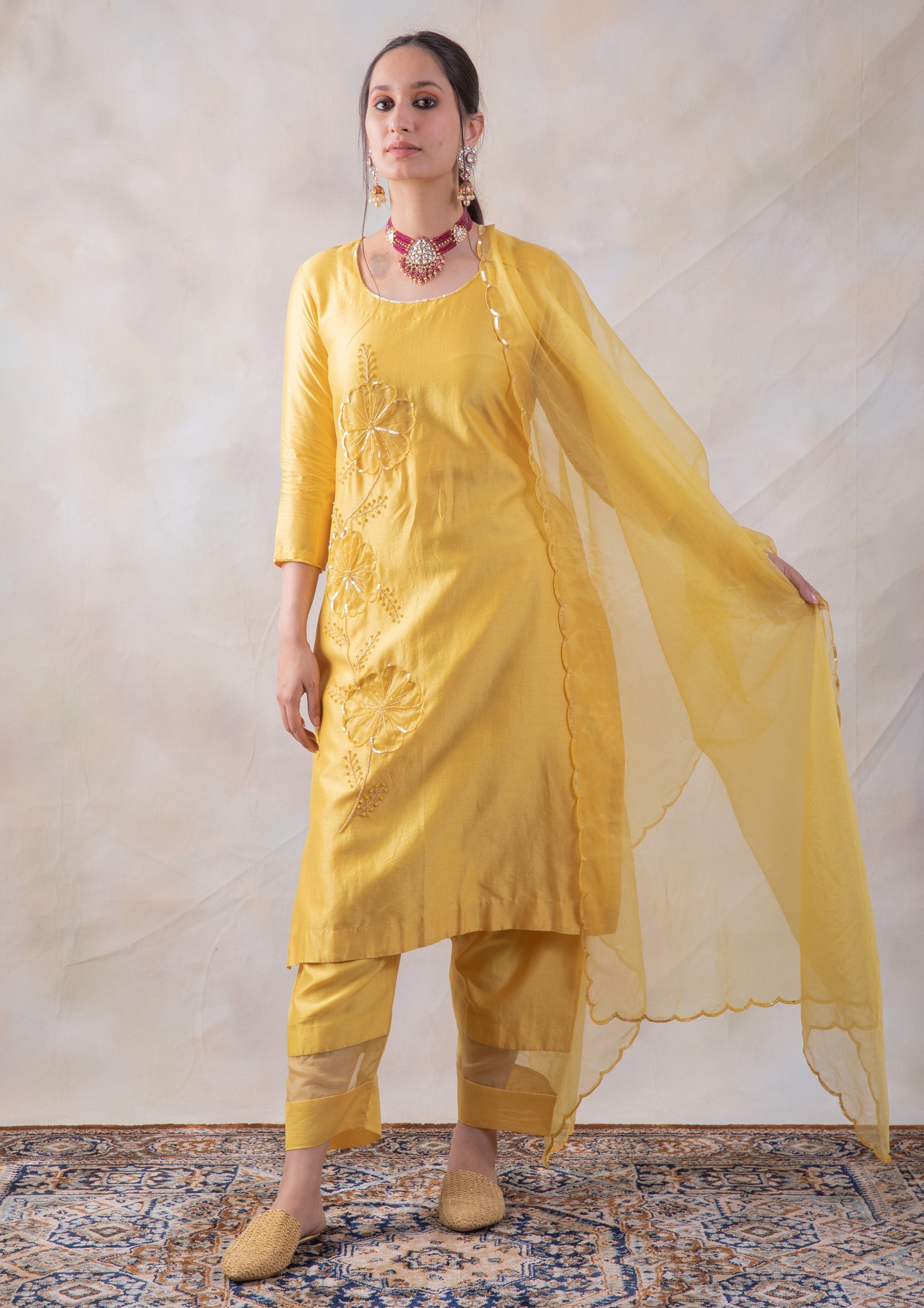 Rich Chanderi Hand Embroidered Kurta With Pants And Organza Dupatta (RTS)