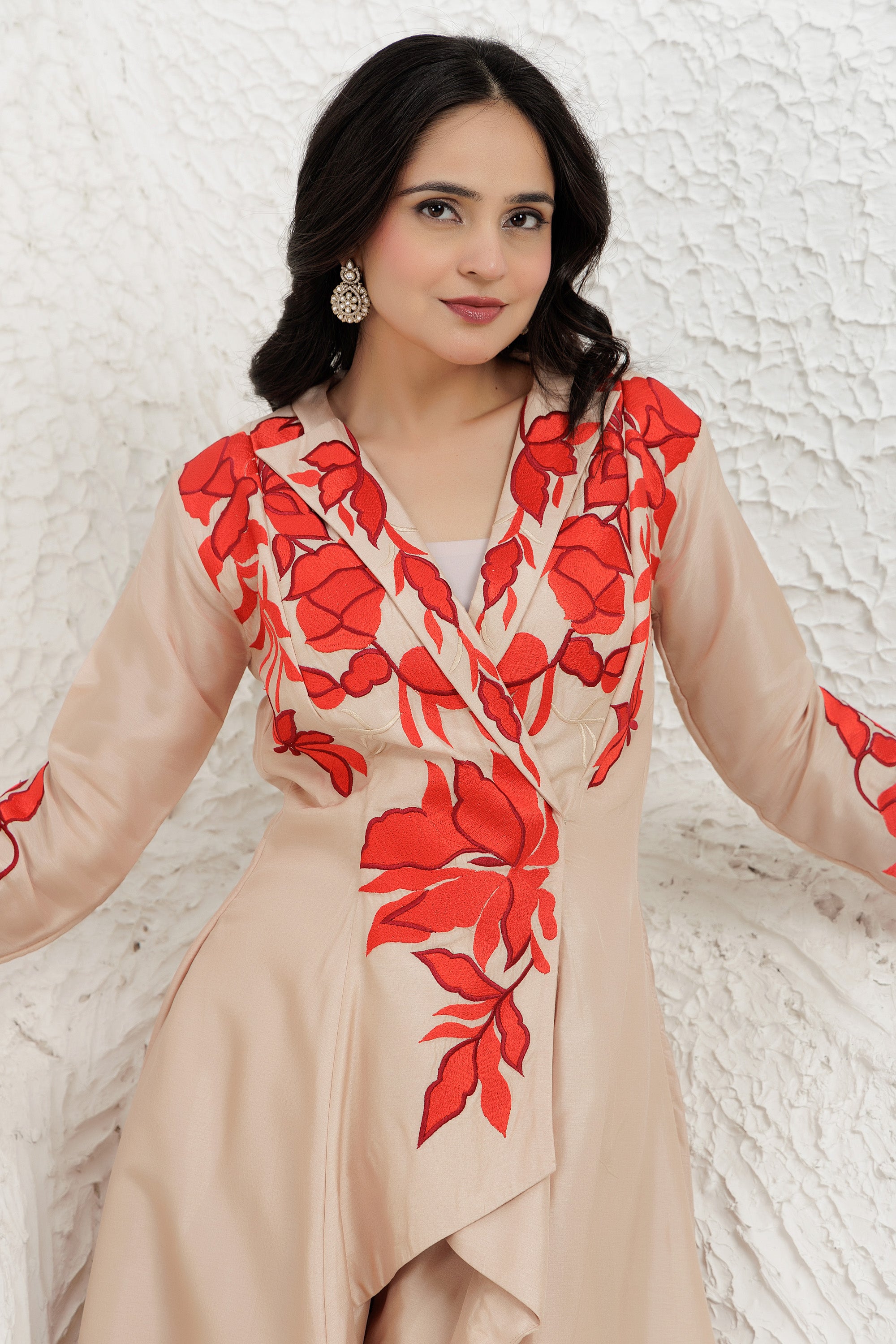 Beige Bemberg Silk  high-low dress with palazzo Set