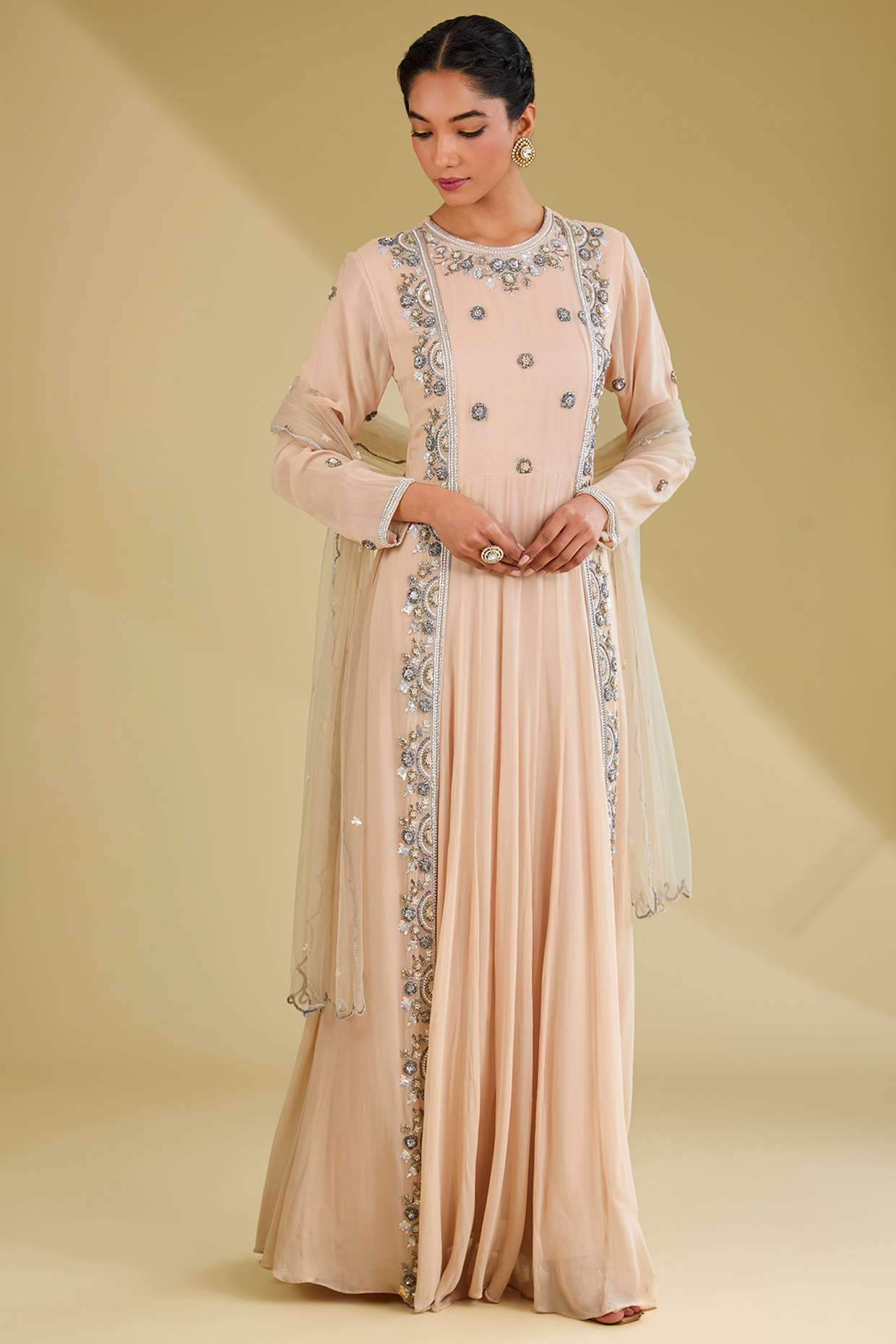 Beige Georgette Sequins Embroidered Anarkali Set