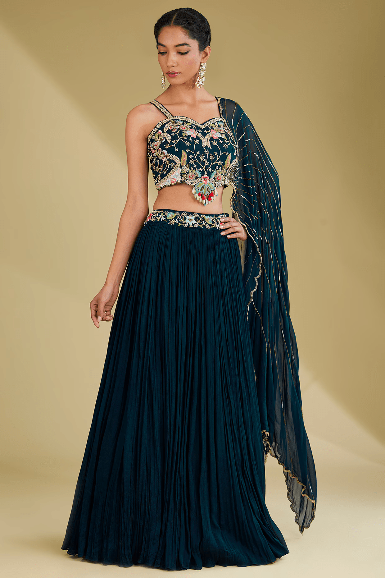 Blue Chinon Georgette Resham & Dabka Embroidered Lehenga Set