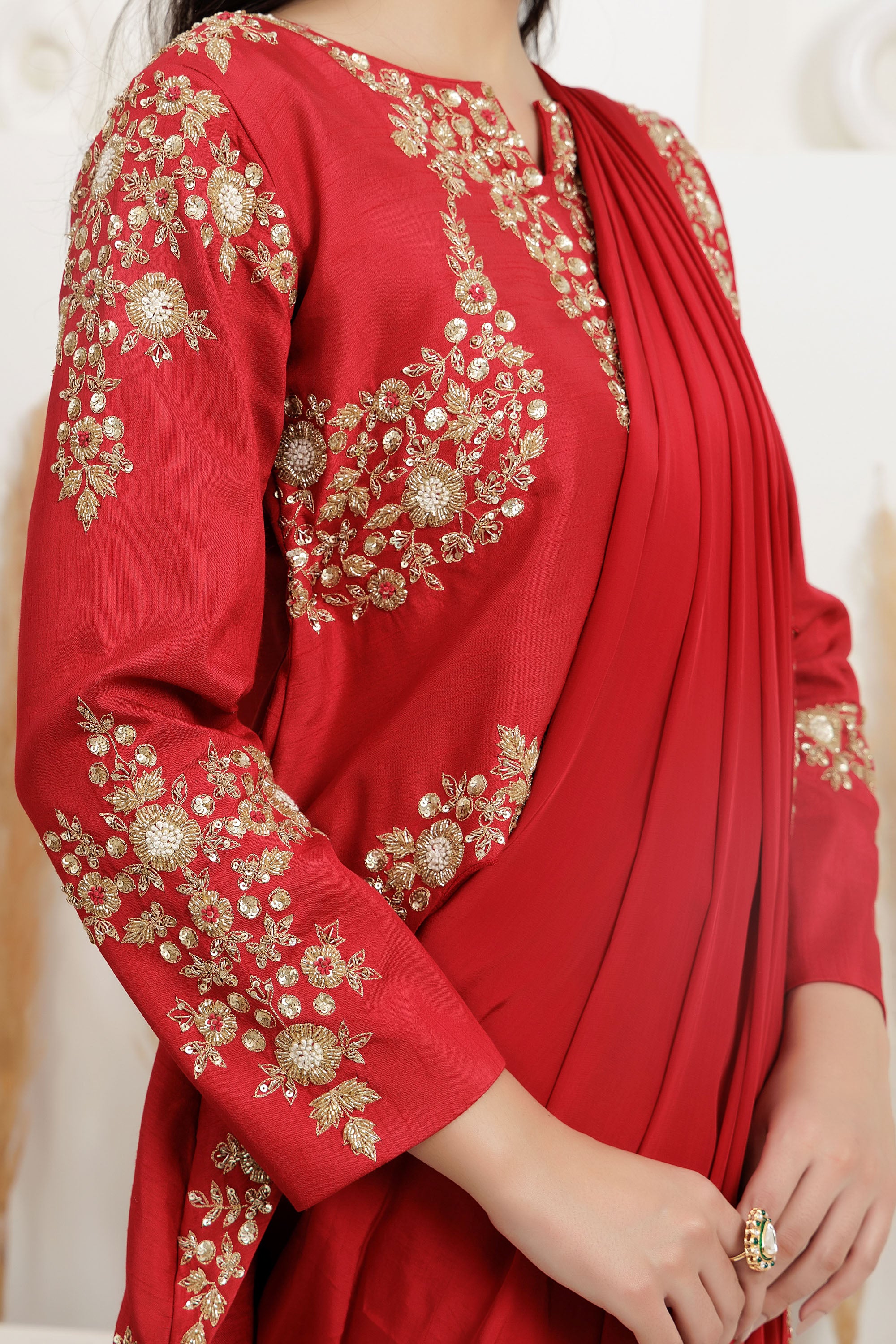 Crepe Draped Saree with high low Blouse Set