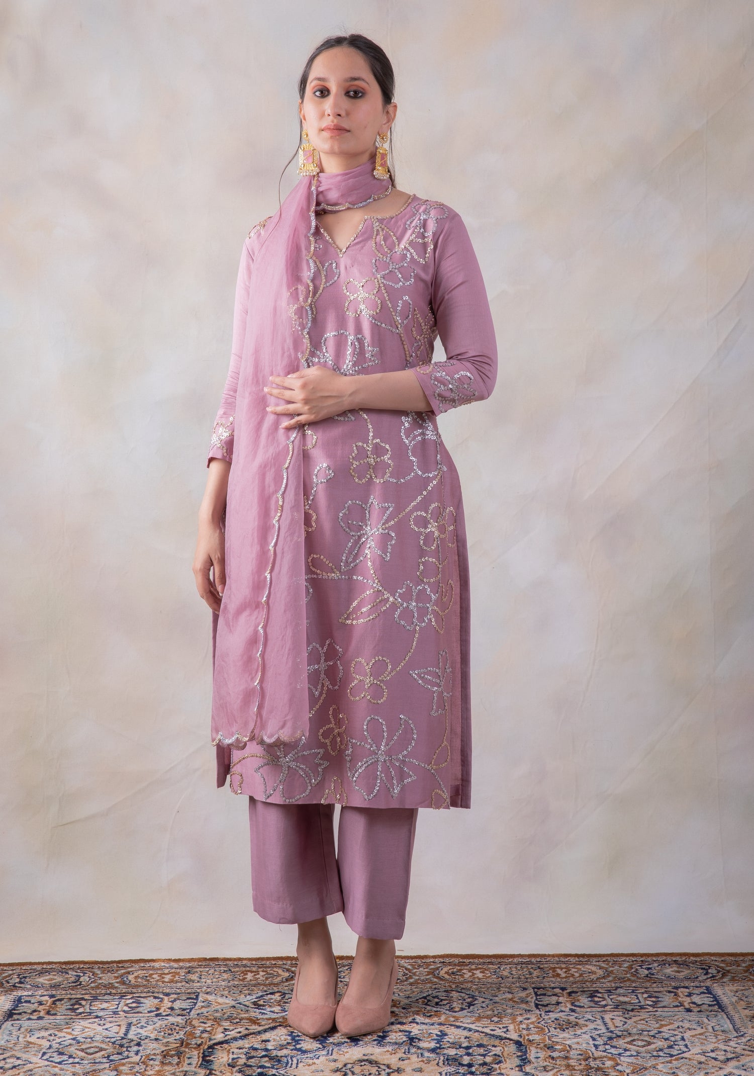 Rich chanderi hand embroidered kurta with pants and organza dupatta (RTS)