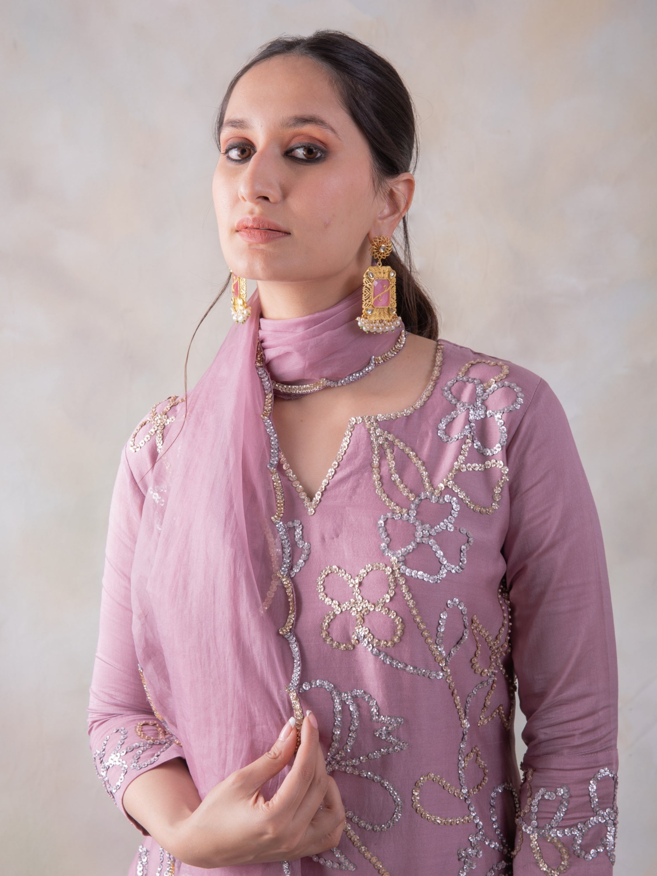 Rich chanderi hand embroidered kurta with pants and organza dupatta (RTS)