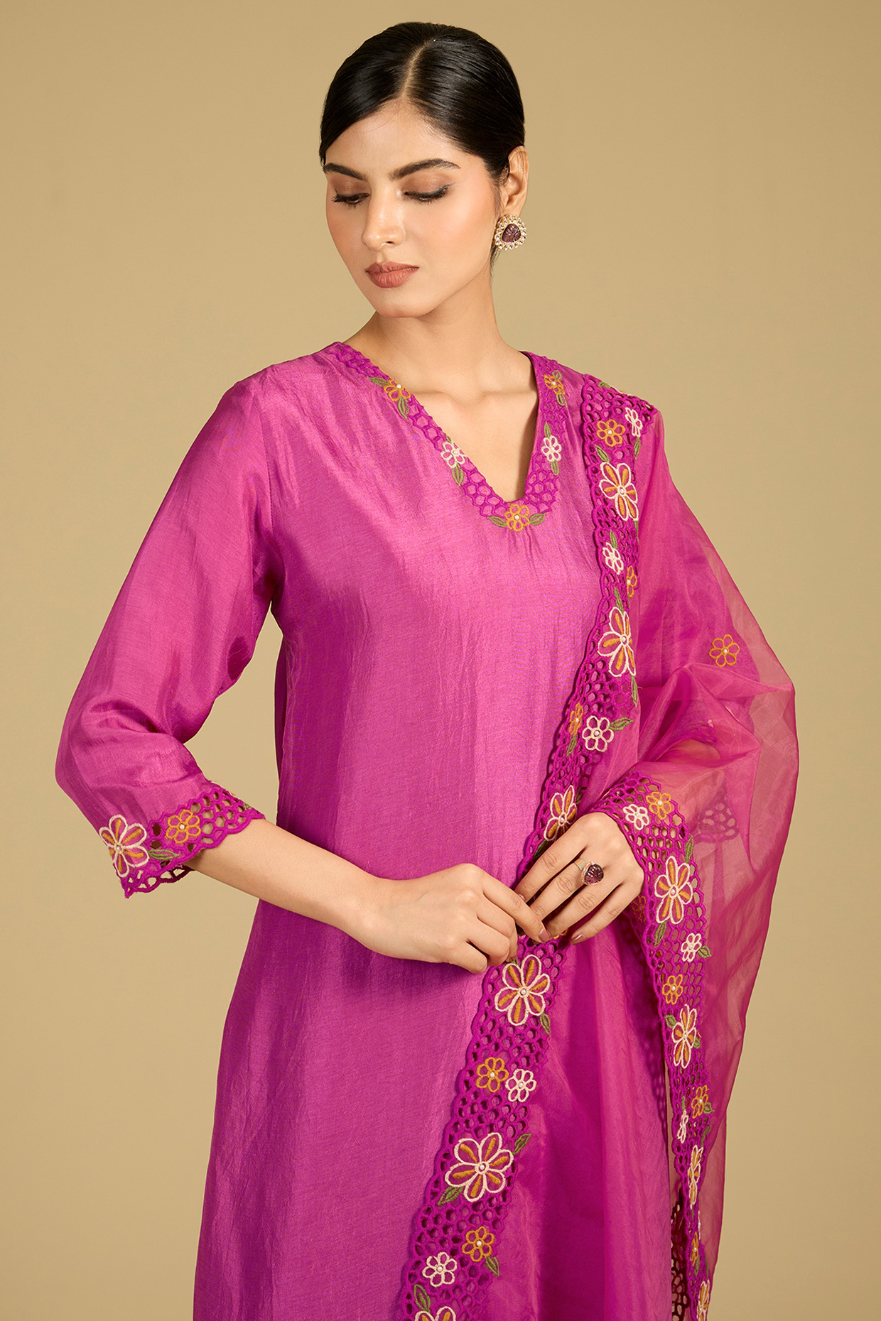 Deep Pink Cotton Chanderi Thread Work Kurta Set