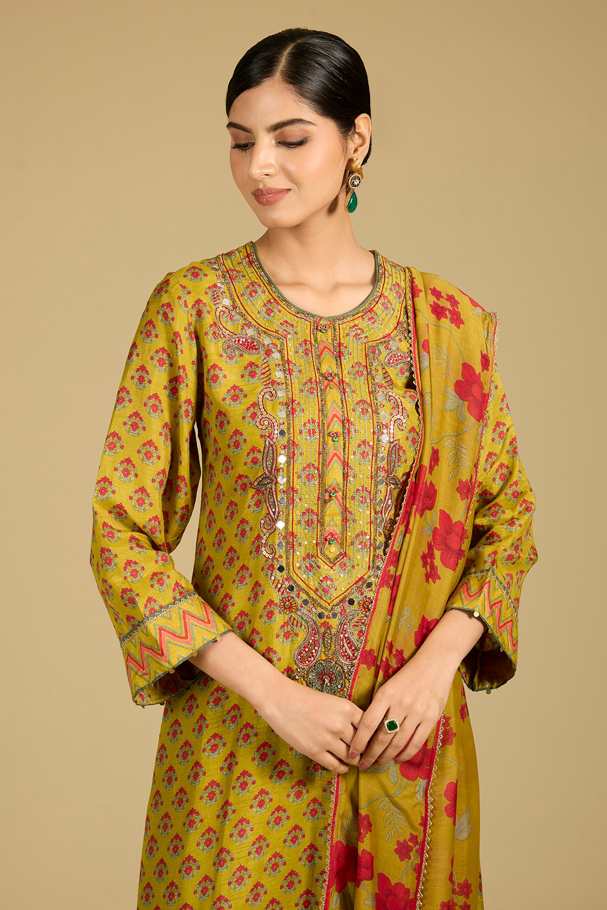 Mustard Dola Silk Sequins Work Kurta Set