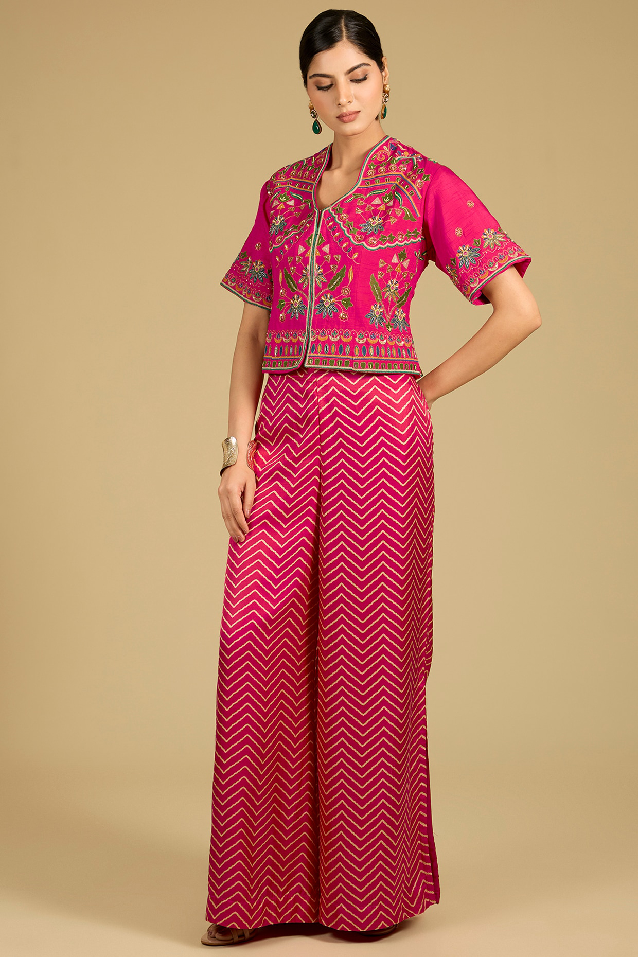 Fuchsia Pink Mashru Satin Palazzo Pant Set
