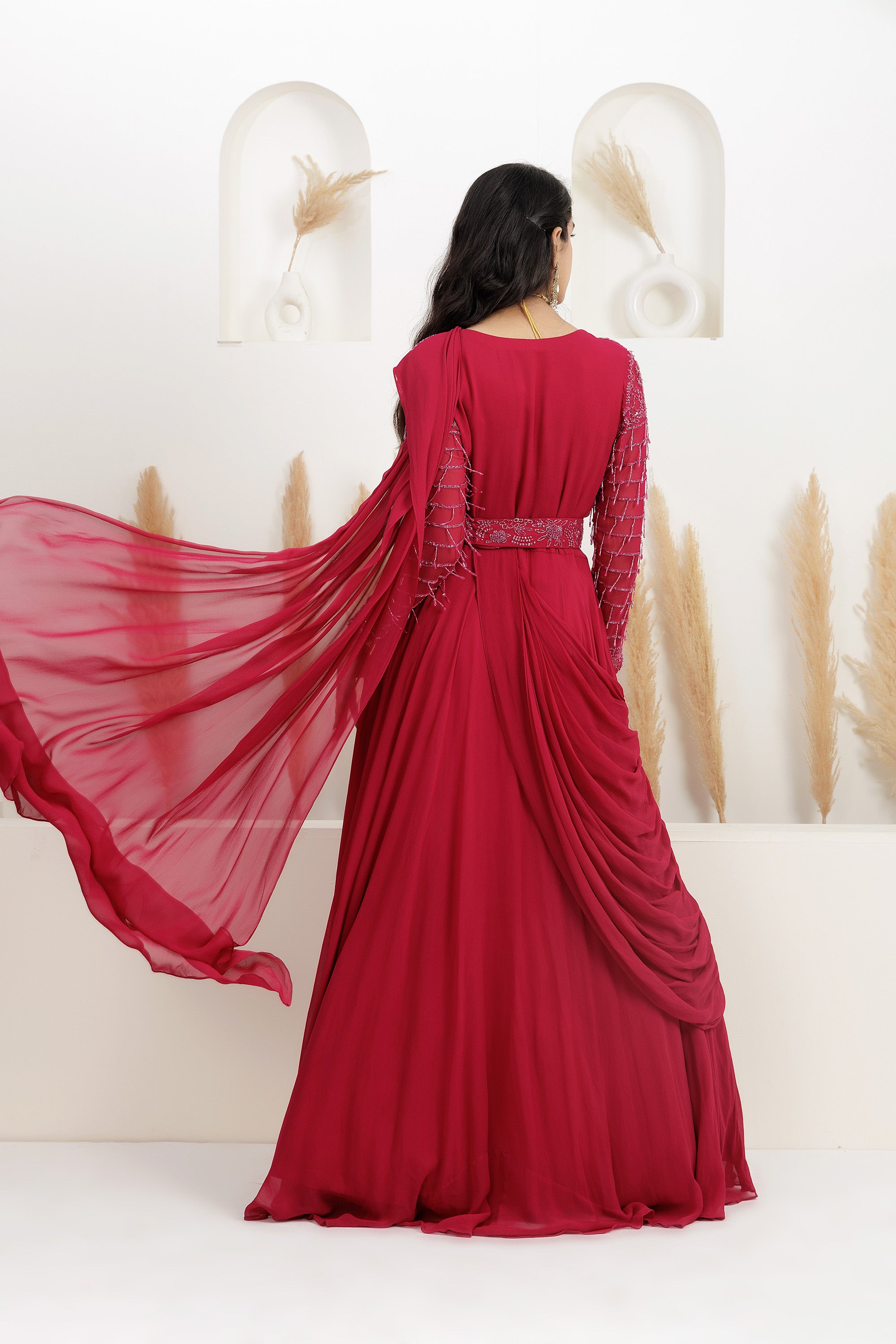 cherry red Sequins Embroidered Draped Gown Saree