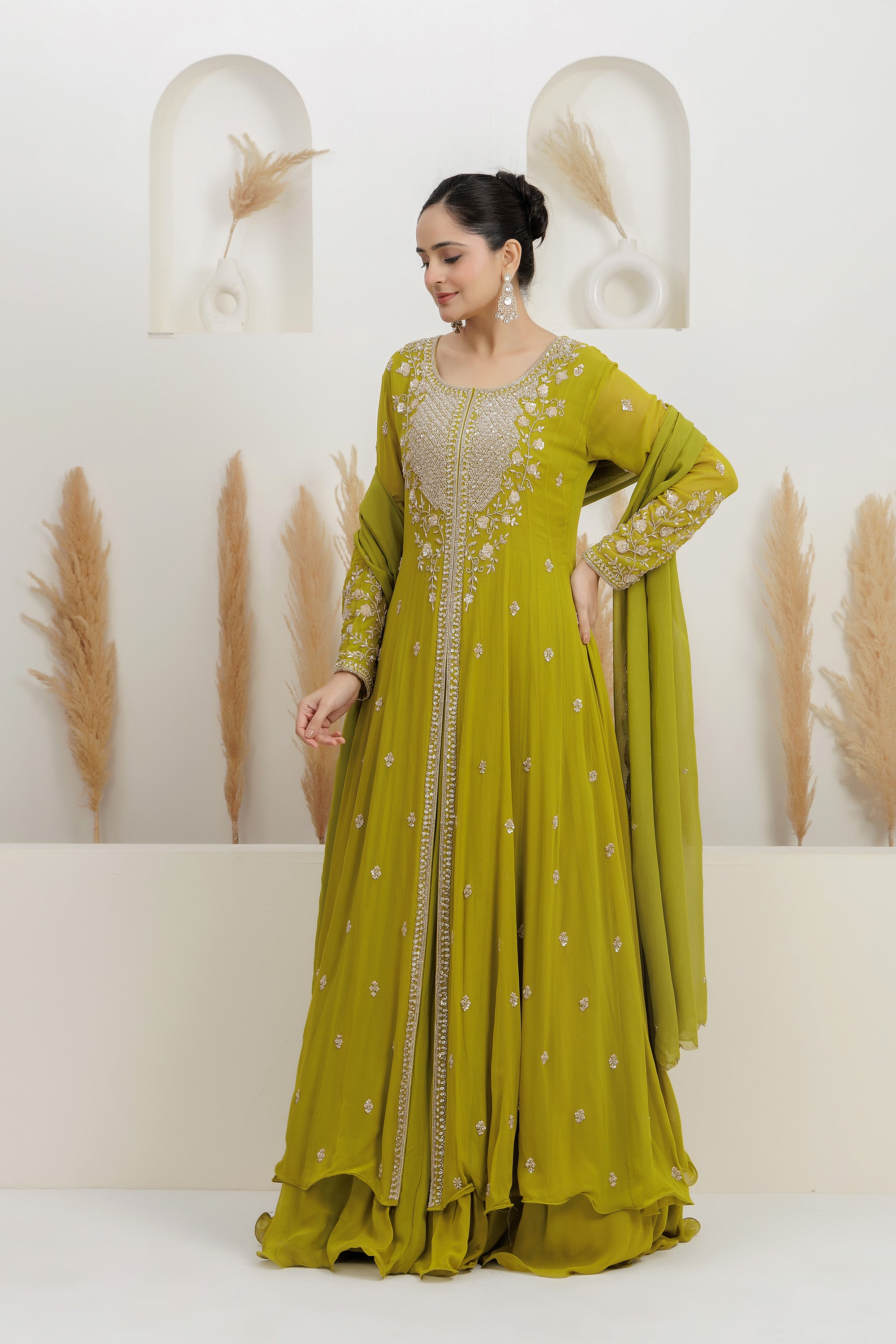 Green Georgette Anarkali with Dupatta.