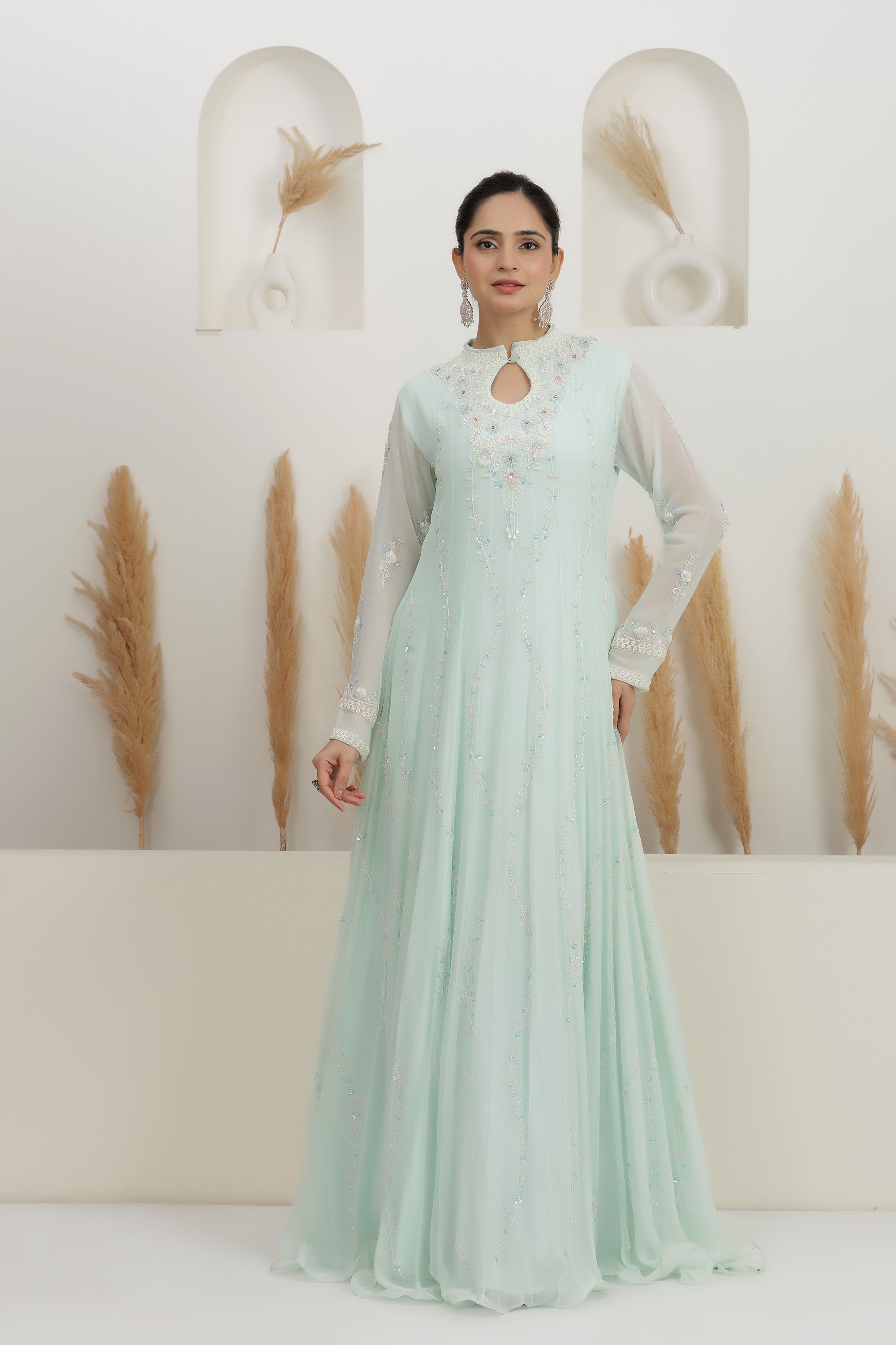 Ice-Blue Georgette Embroidered Gown.