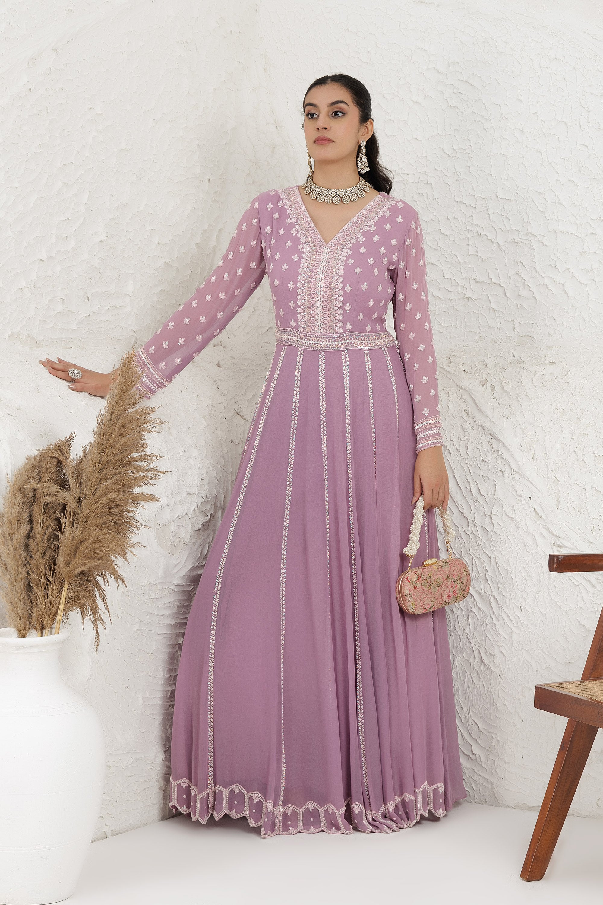 Levender Georgette Embroidered Gown .