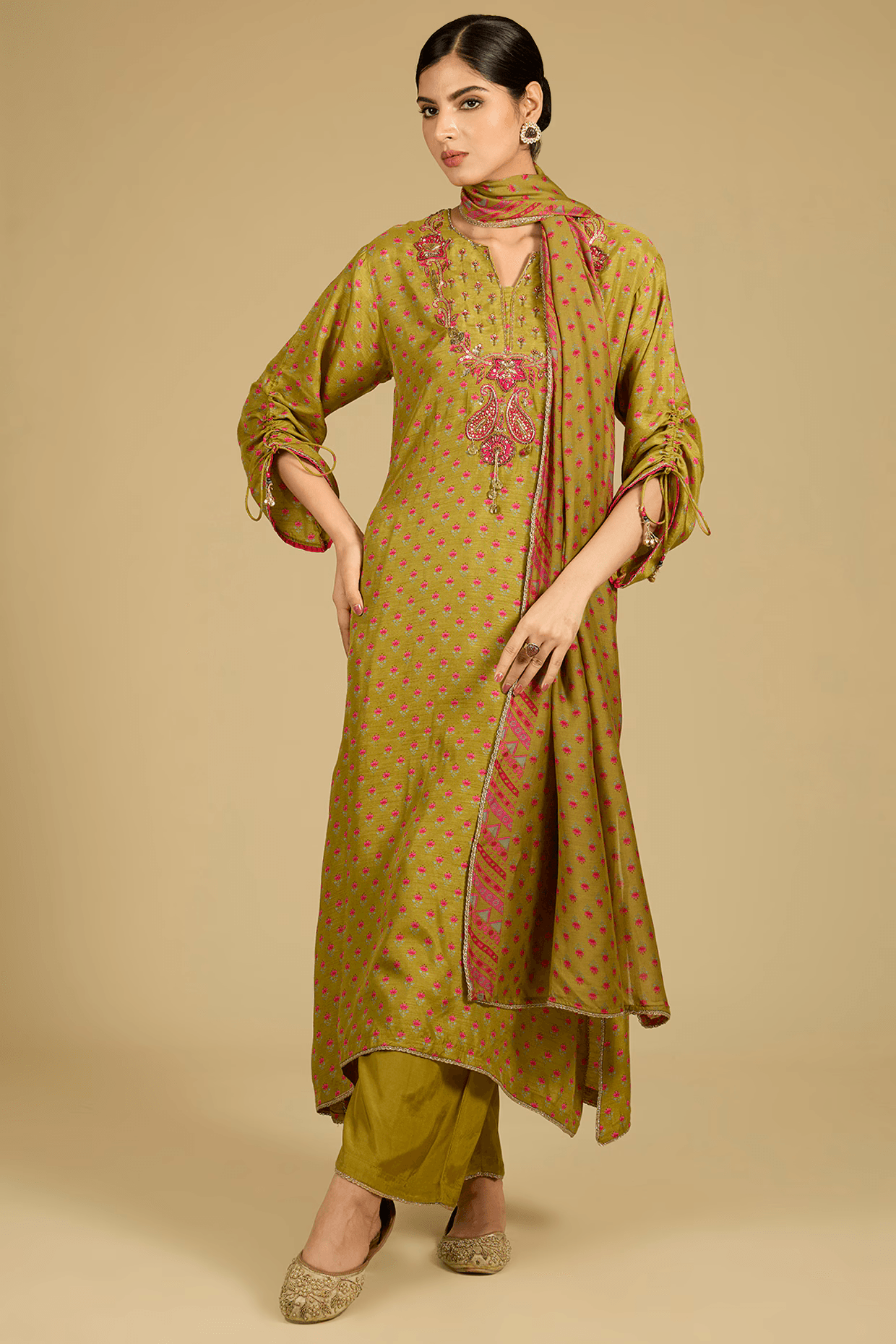 Mustard Dola Silk Printed & Bead Work Kurta Set
