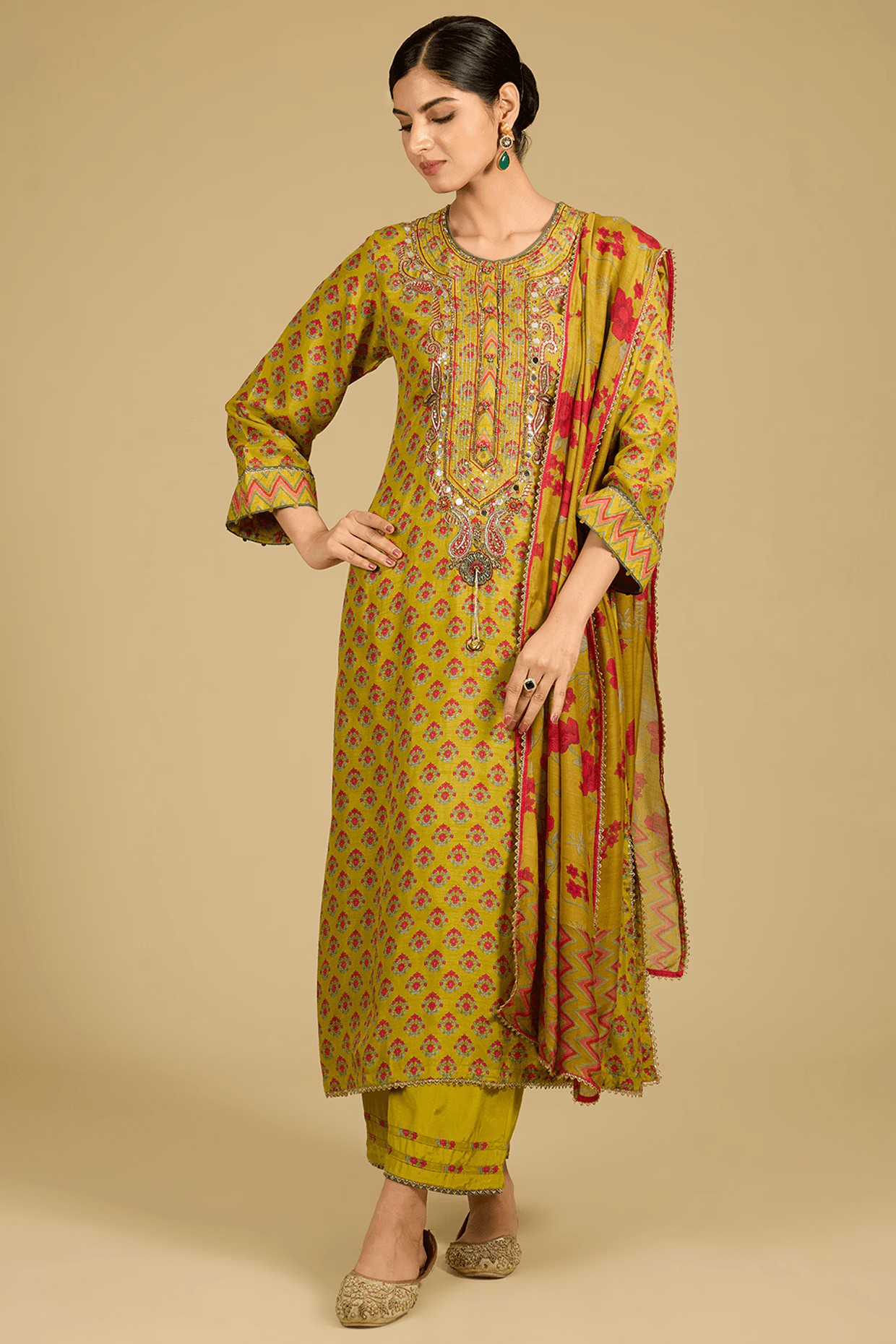 Mustard Dola Silk Sequins Work Kurta Set