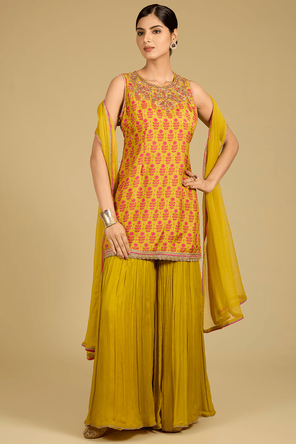 Mustard Dola Silk Zardosi Work & Printed Kurta Set