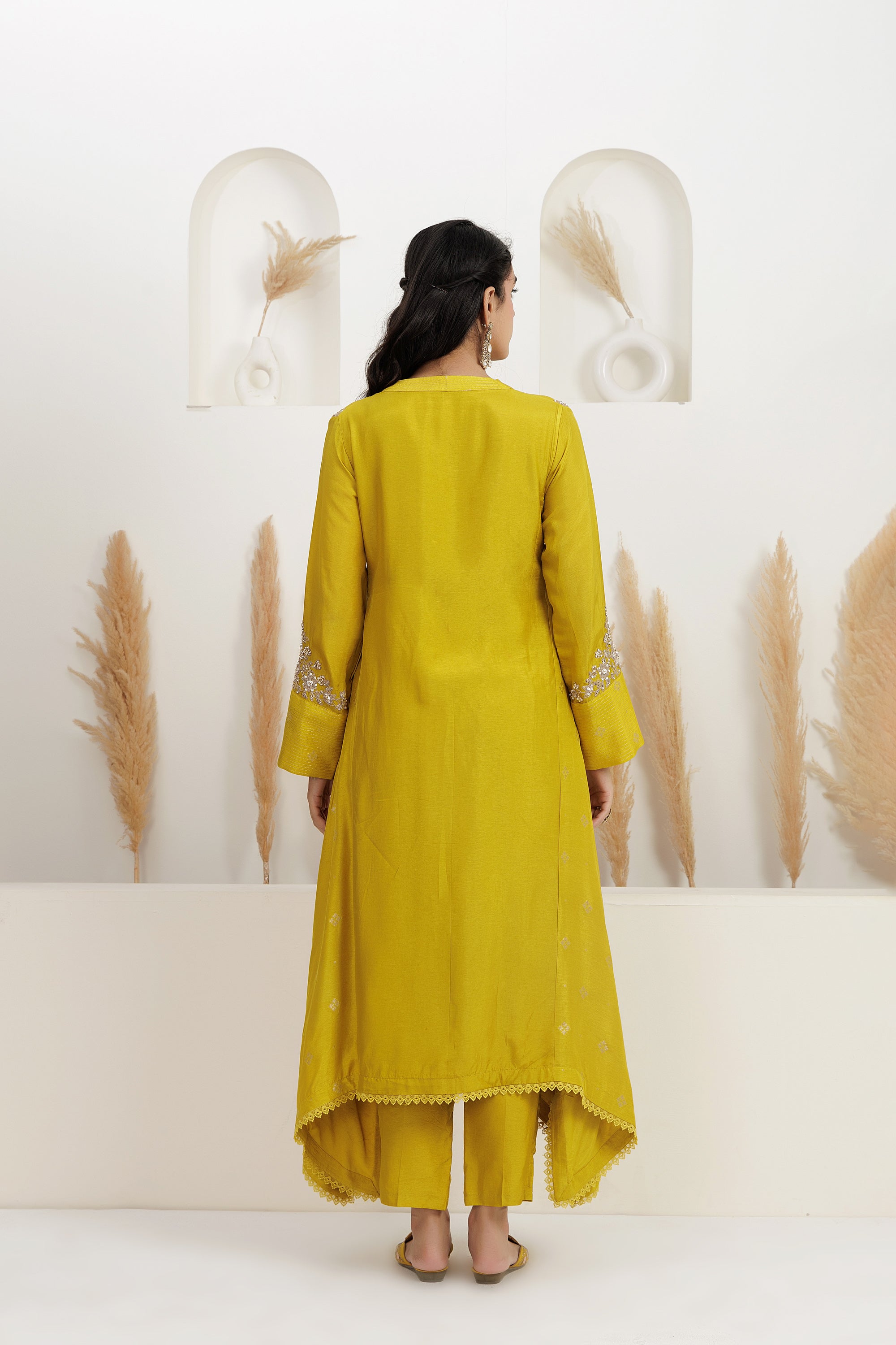 Mustard  asymmetrical kurta with pants
