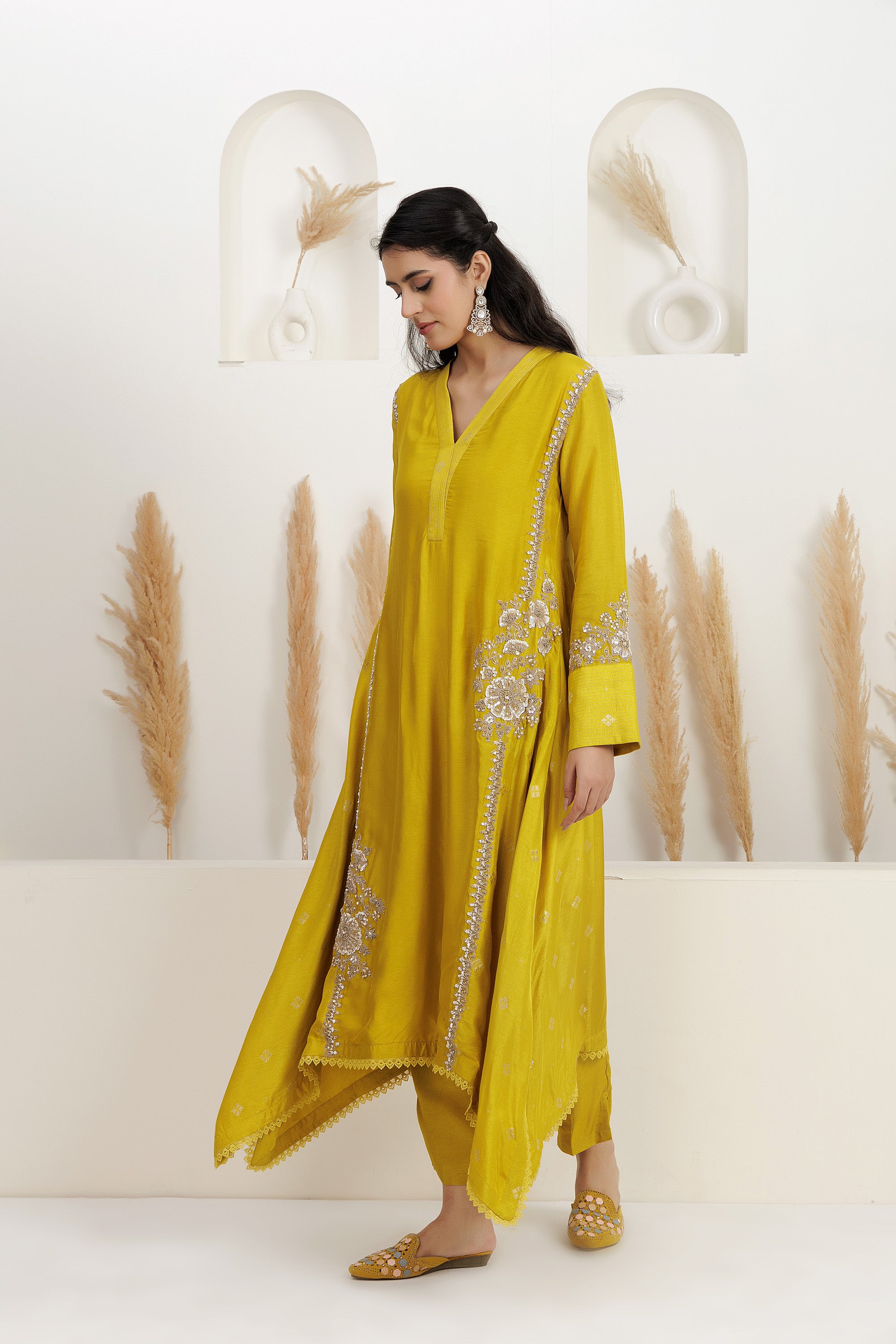 bamber silk asymmetrical kurta with pants