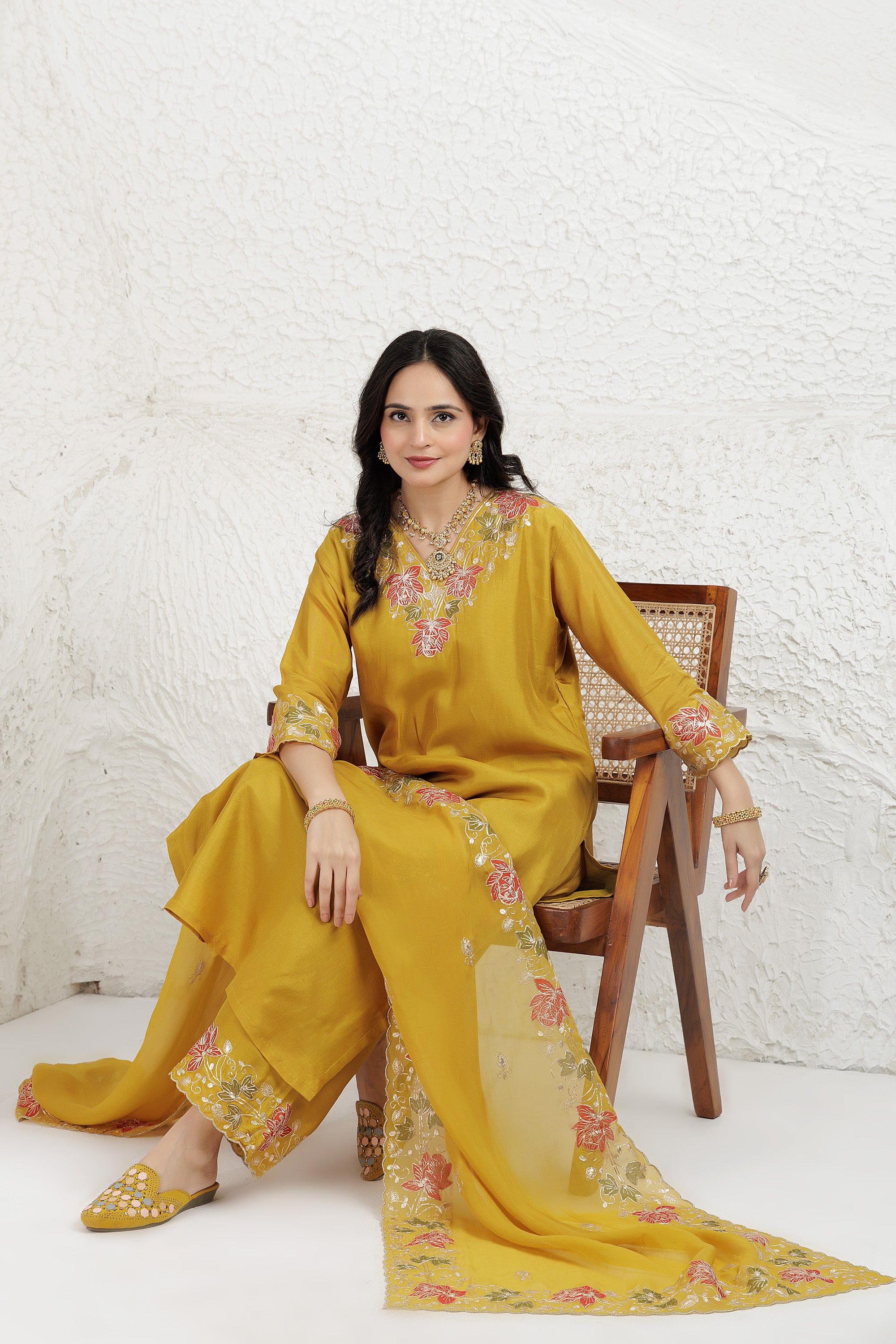 Mustard Chanderi Silk Applique Work Kurta Set