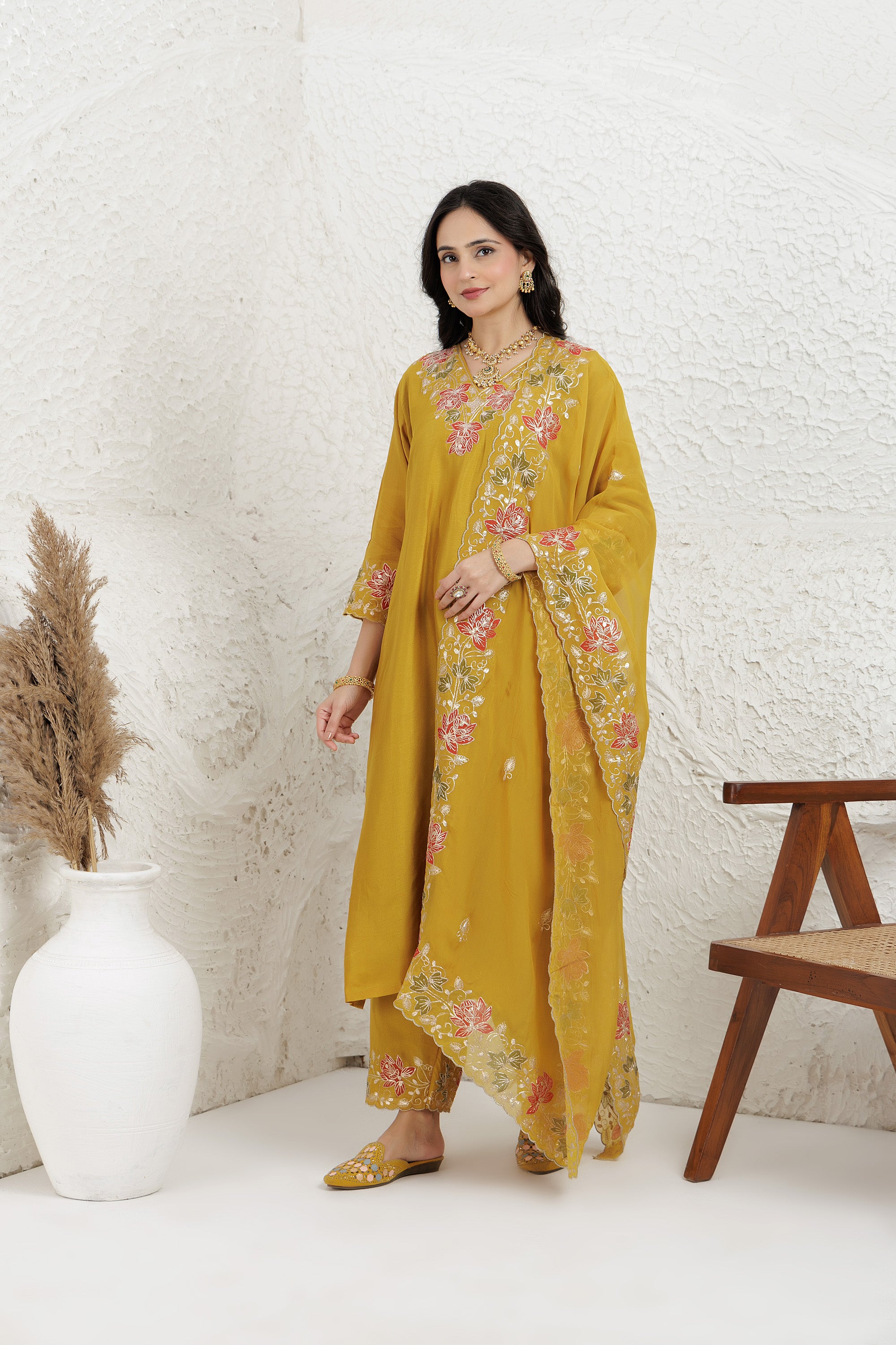 Mustard russian silk Chanderi  Work Kurta Set