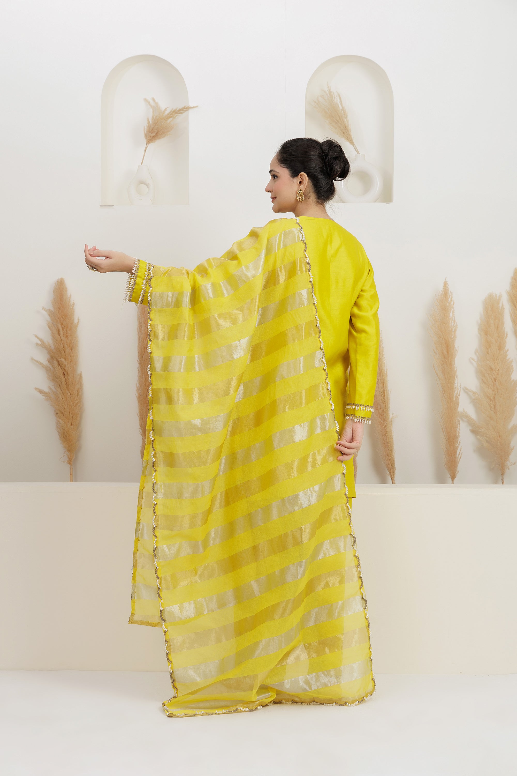Mustard yellow Pure chanderi Silk Embroidered Suit 