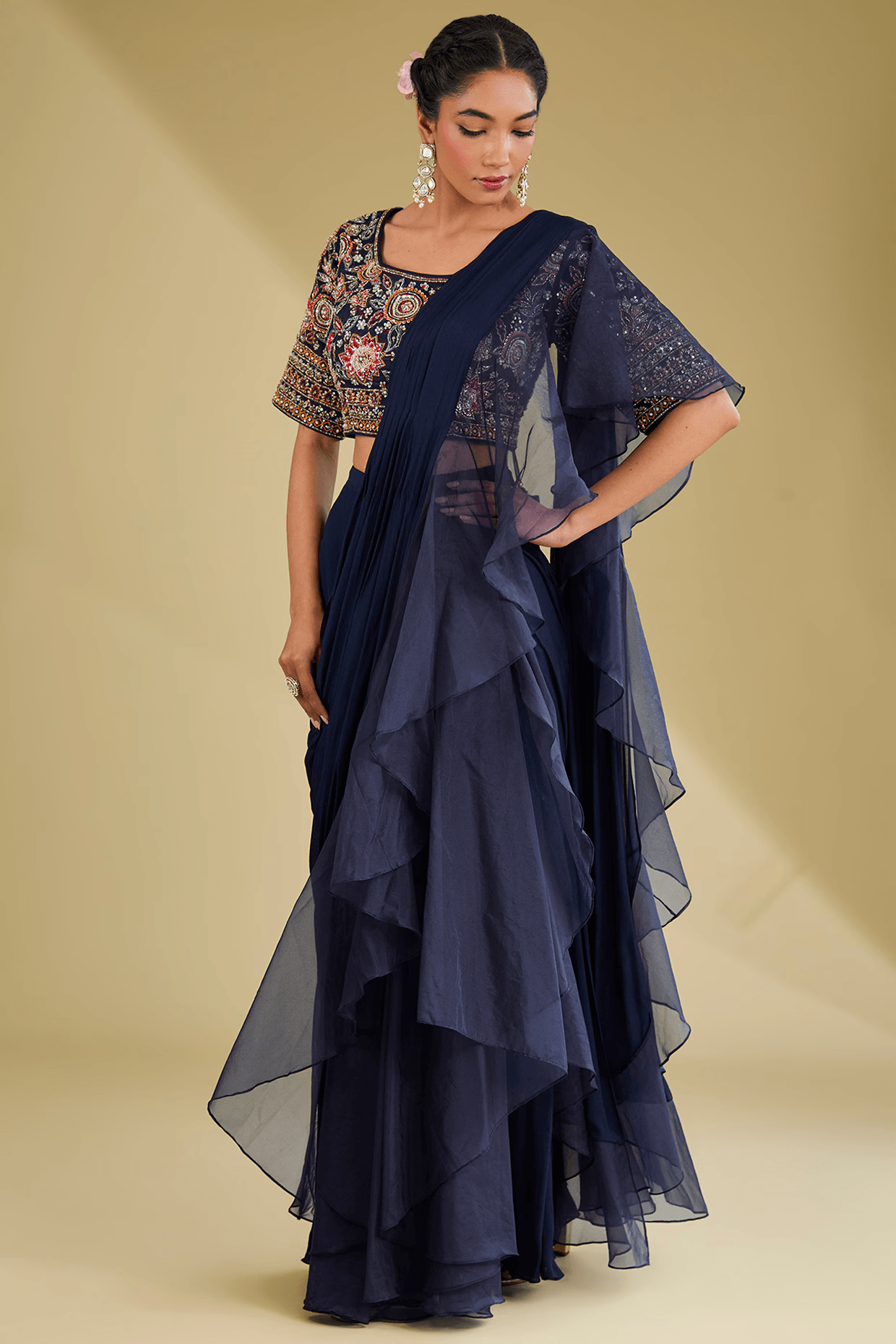 Navy Blue Organza Draped Ruffled Saree Set