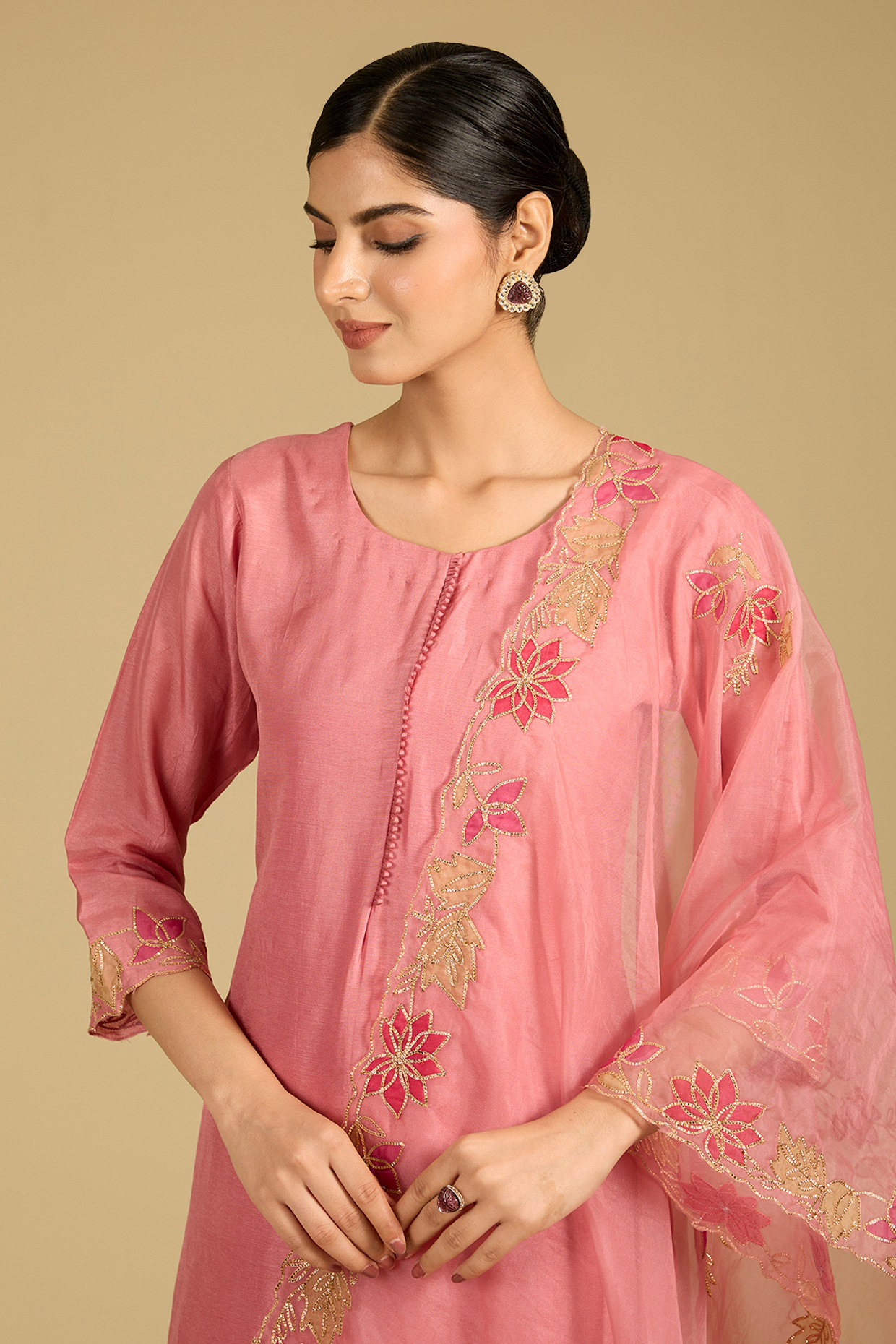 Onion Pink Cotton Chanderi Applique Work Kurta Set