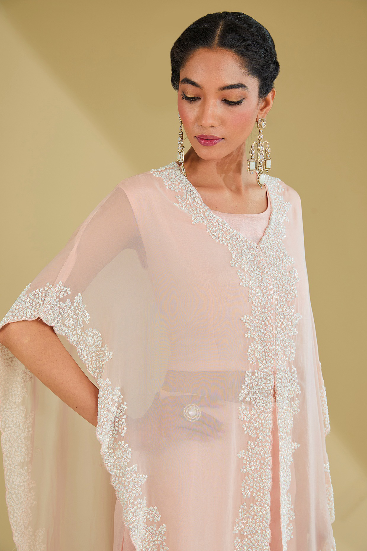 Peach Organza Cutdana Embroidered Cape Set