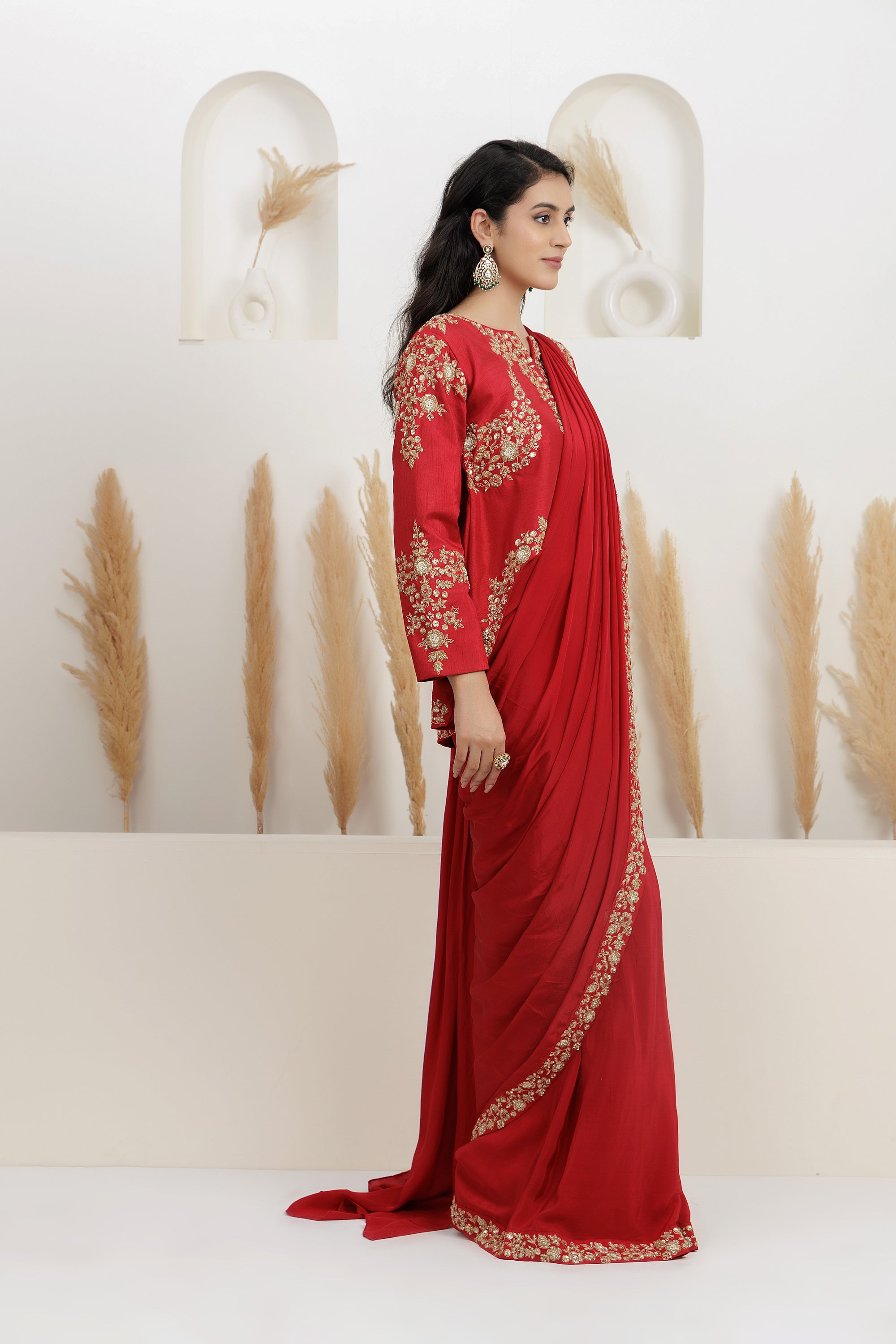 Red Crepe Saree with high low Blouse Set