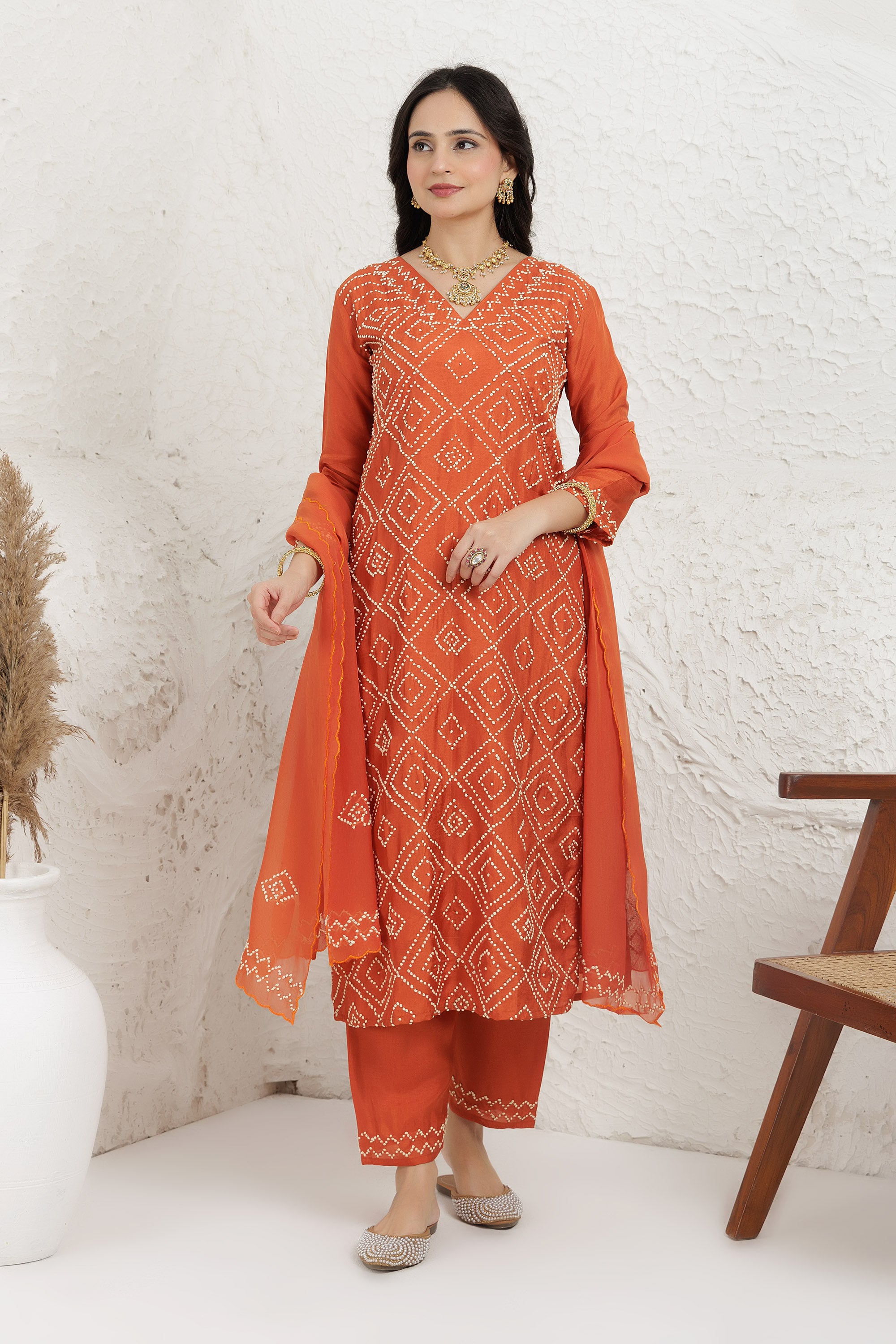 Rust Russian silk Hand french knot Embroidered Kurta Set