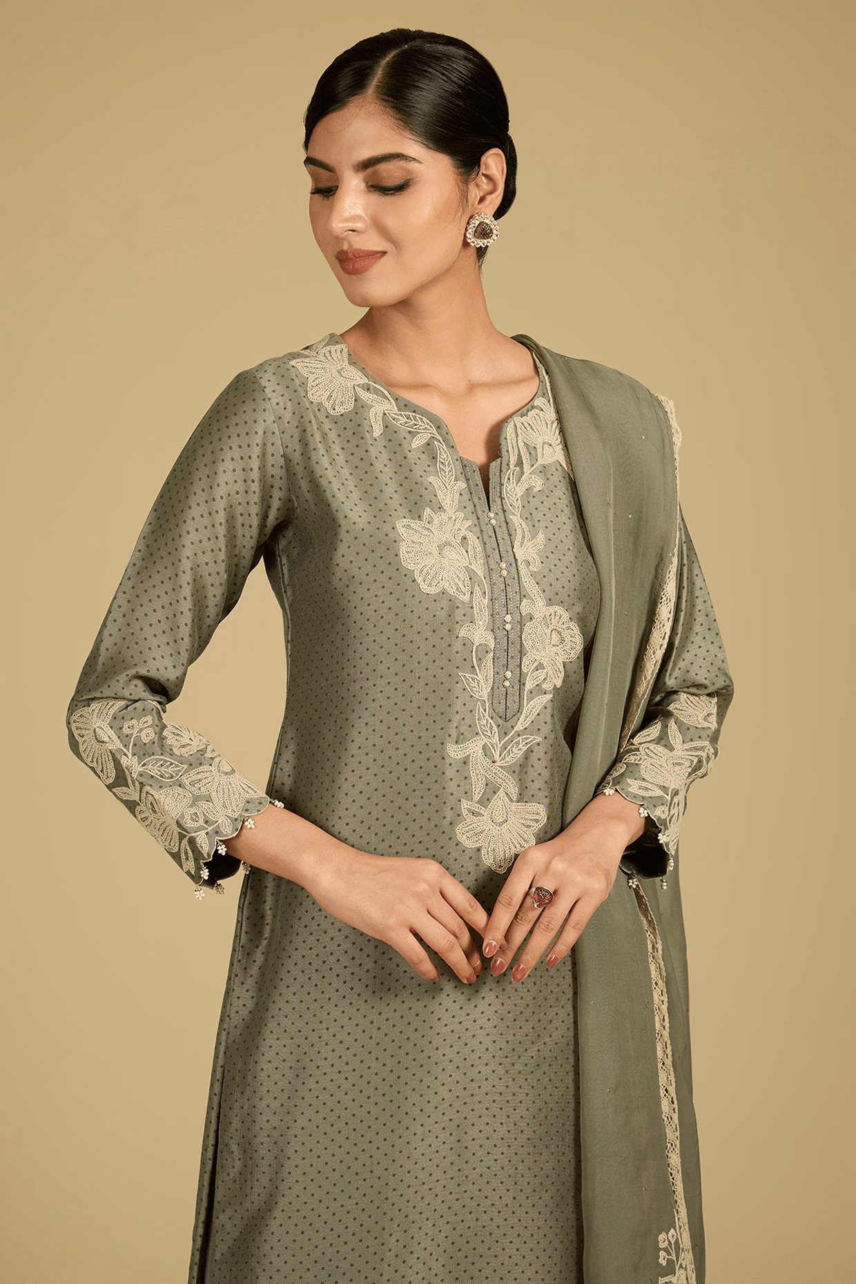 Sage Green Bamberg Silk Pearl Work Kurta Set
