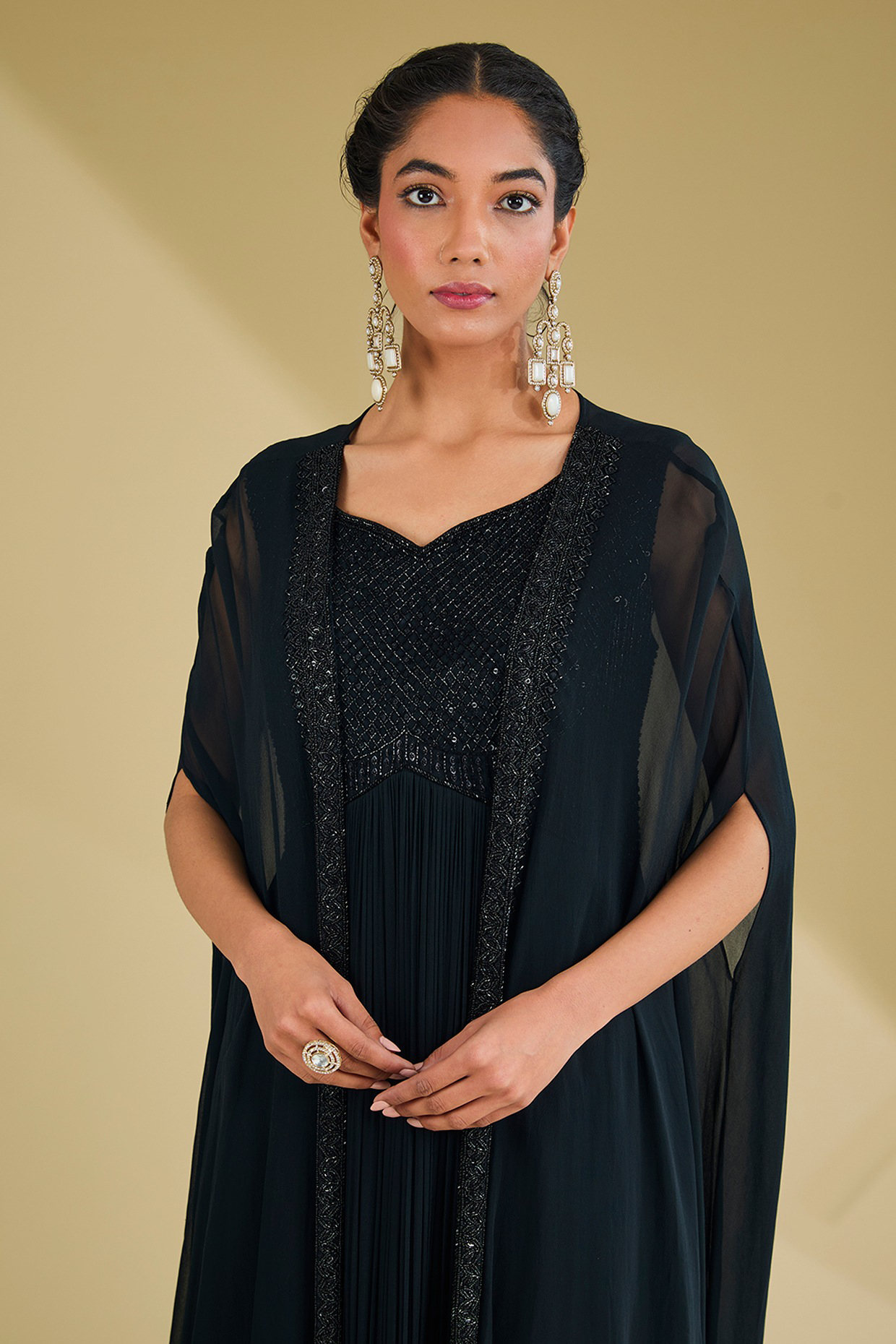 Black Georgette Sequins Embroidered Gown With Jacket