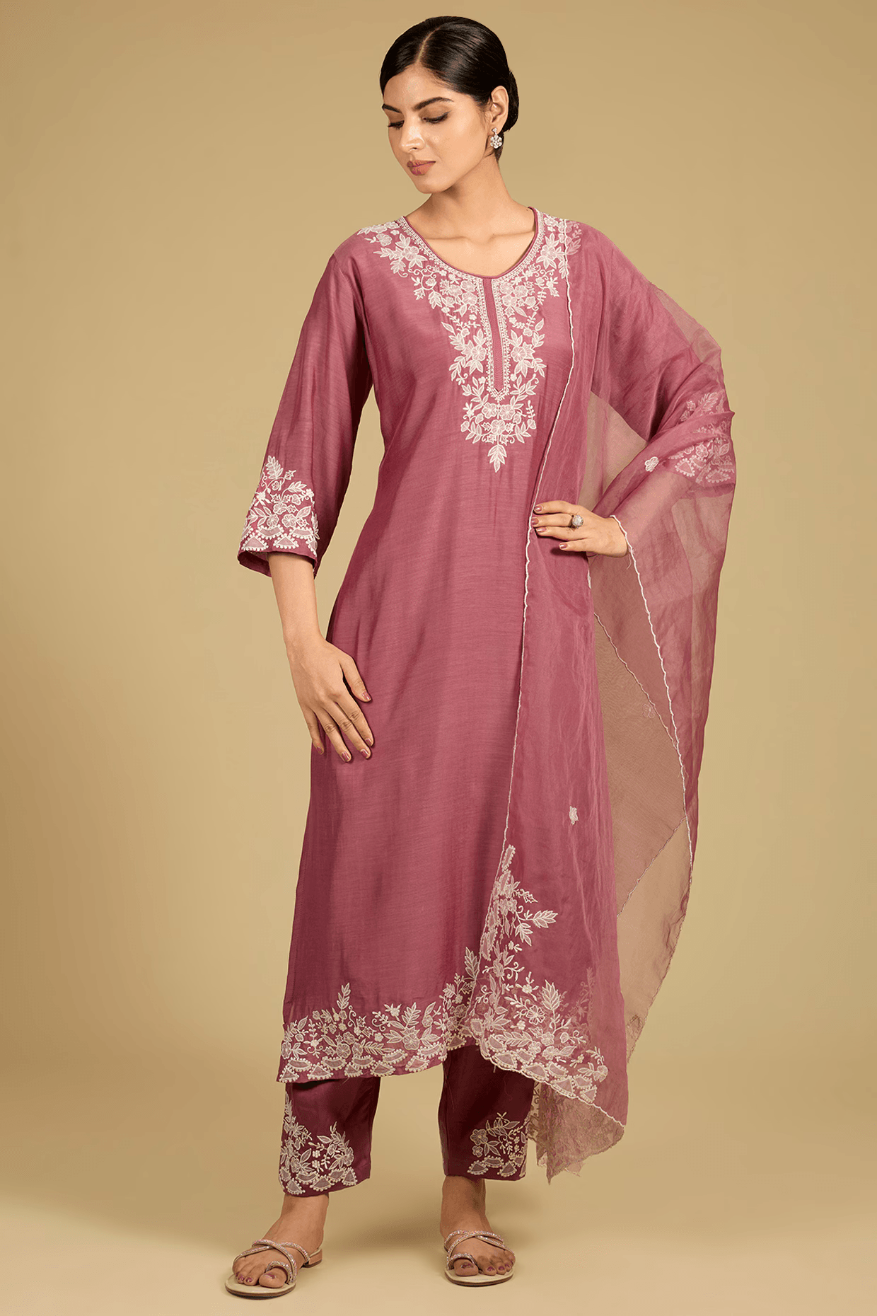 Thulam Pink Cotton Chanderi Thread Embroidered Kurta Set