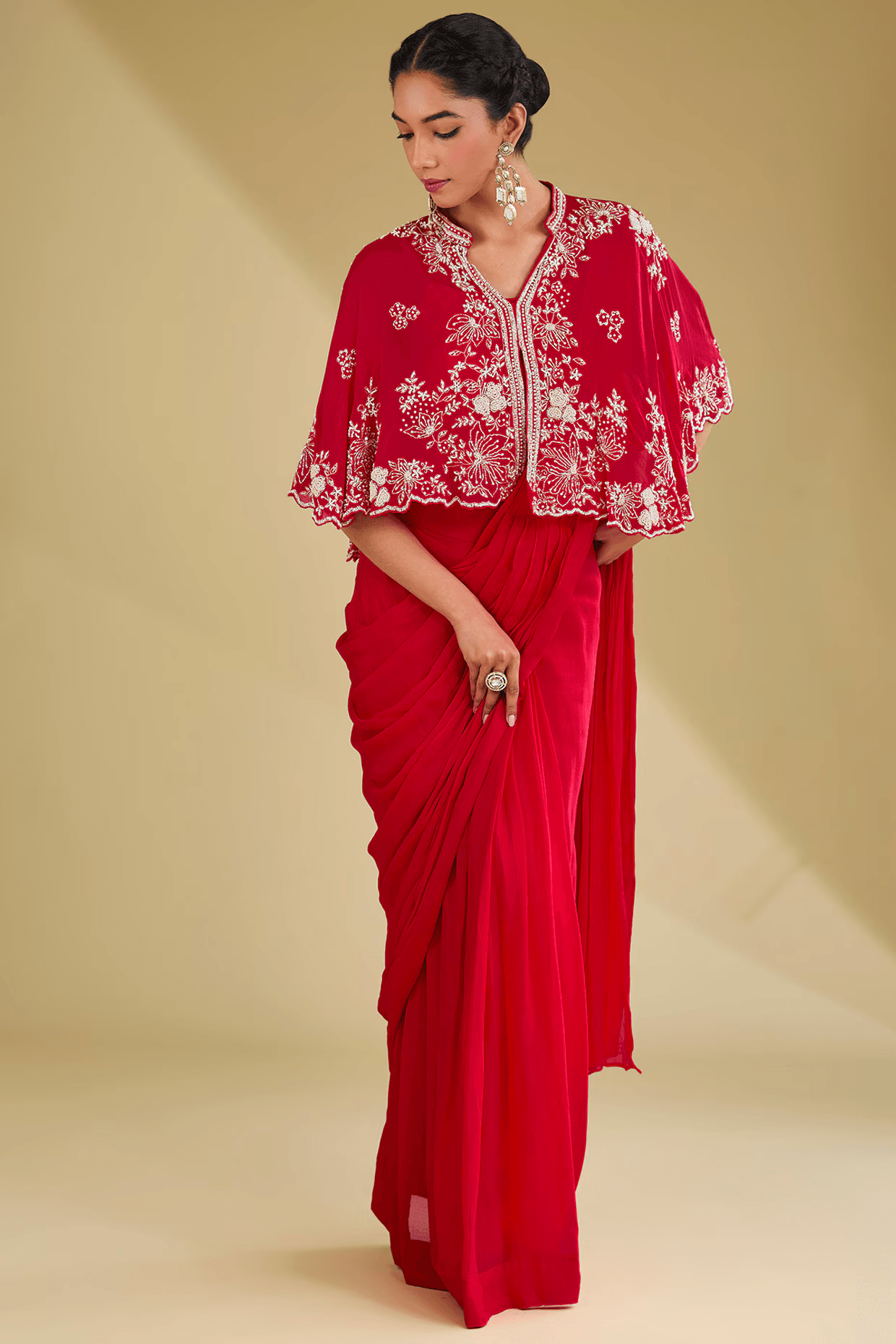 Tomato Red Chinon Georgette Cutdana Embroidered Pleated Stitched Saree Set