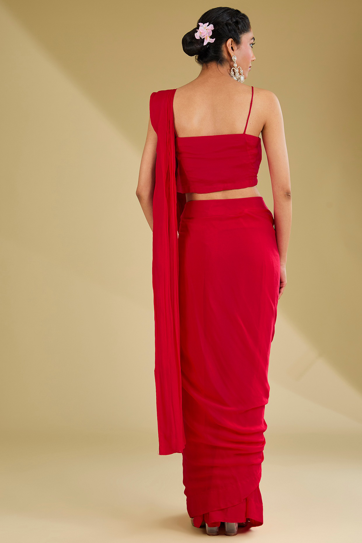 Tomato Red Pleated Stitched Saree Set