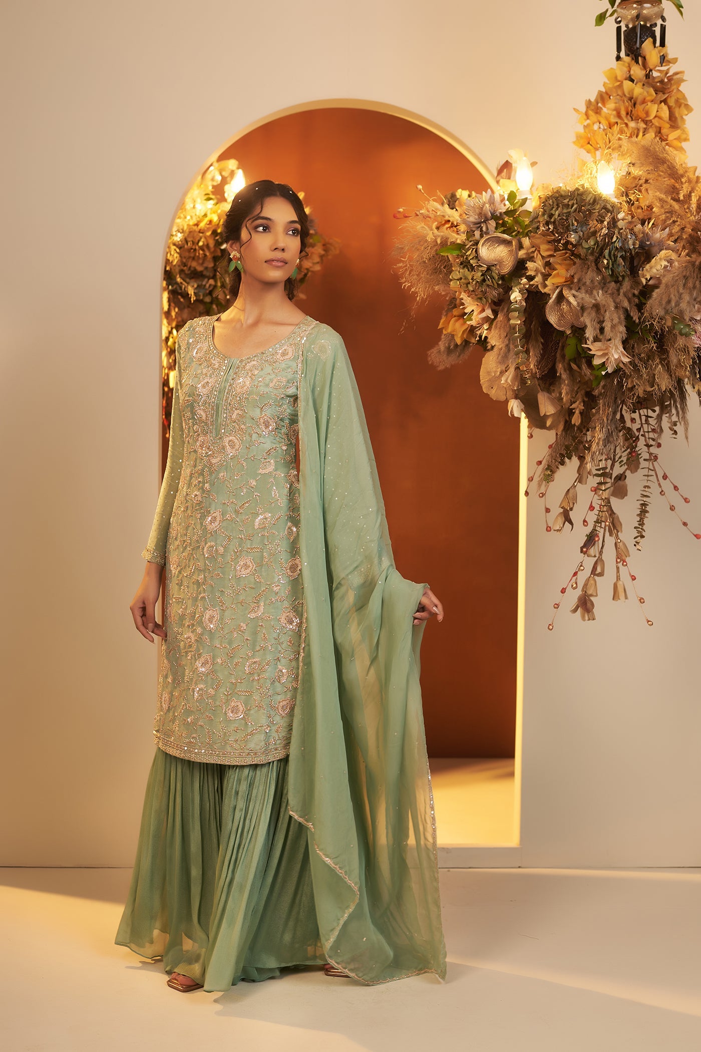 Mint Green suit with sharara and dupatta (RTS)