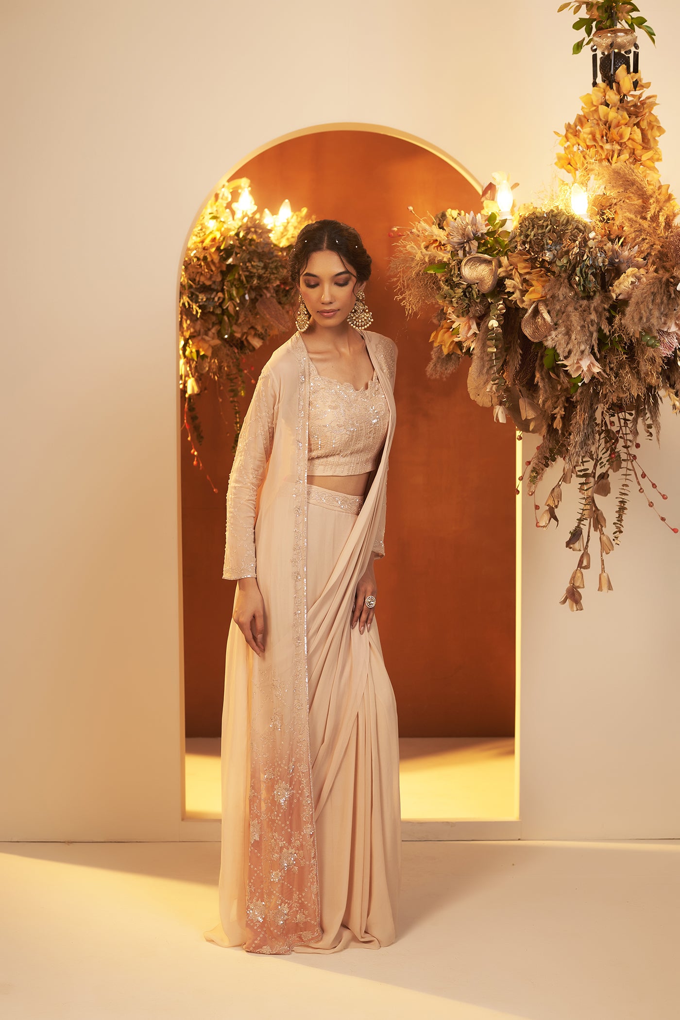 Soft Beige Draped saree with ombre Jacket Set