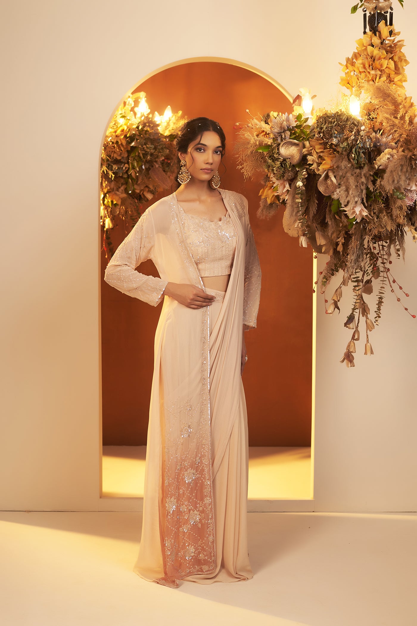 Soft Beige Draped saree with ombre Jacket Set