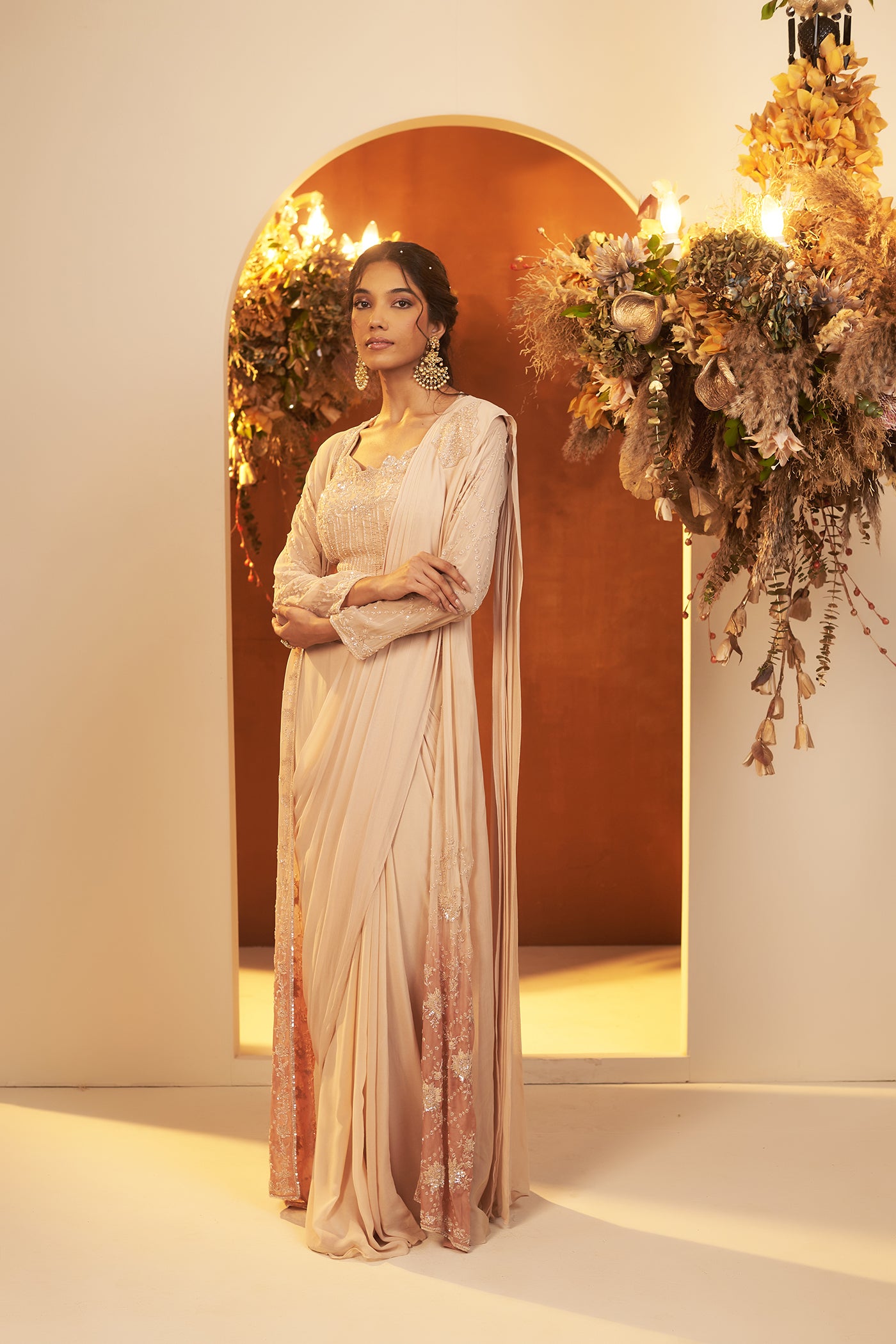 Soft Beige Draped saree with ombre Jacket Set