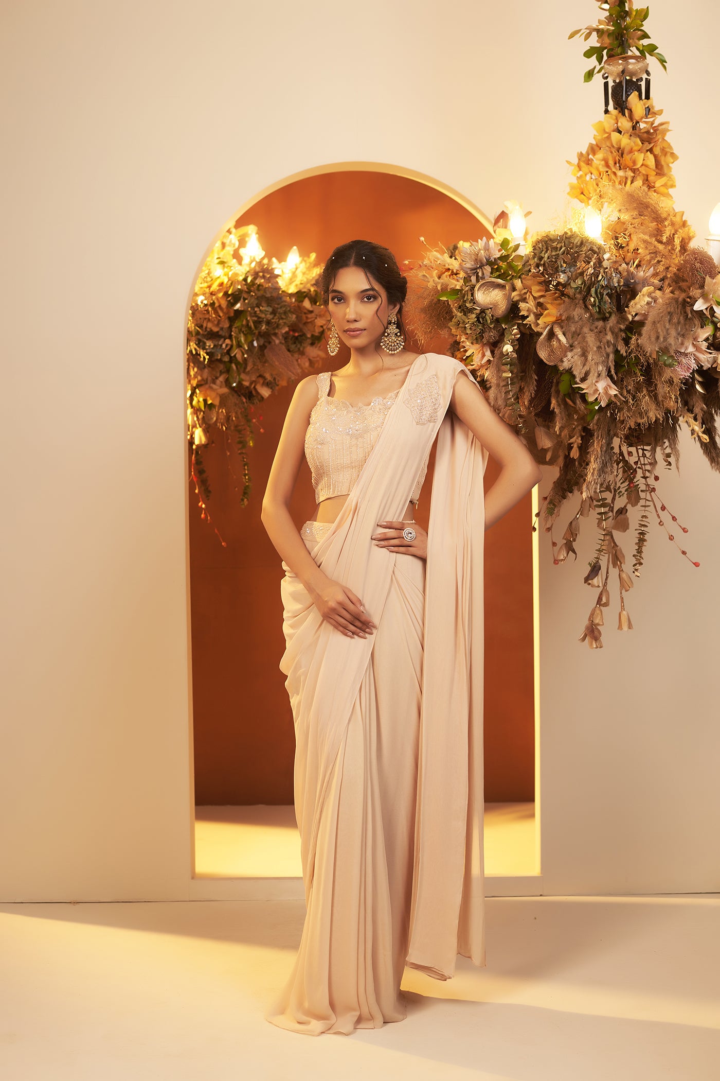 Soft Beige Draped saree with ombre Jacket Set