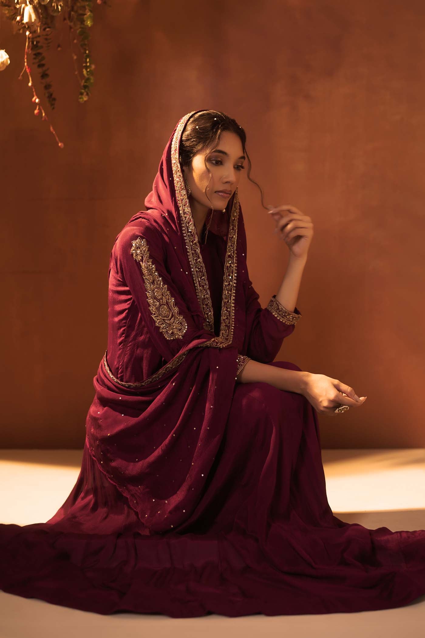 Wine Anarkali Suit with dupatta.